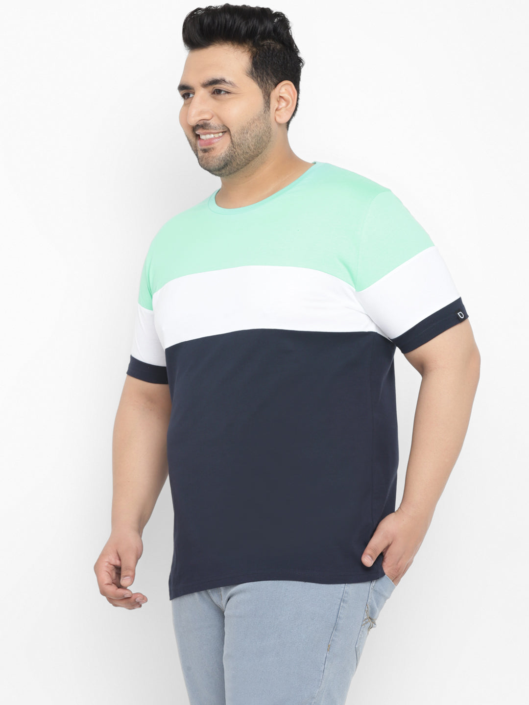 Plus Men's Navy Blue, White Color-Block Regular Fit Half Sleeve Cotton T-Shirt