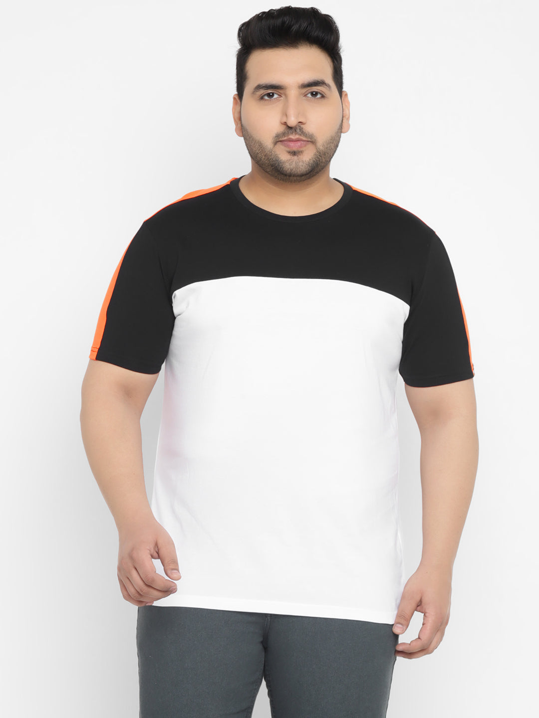 Plus Men's Black, White, Orange Color-Block Regular Fit Half Sleeve Cotton T-Shirt