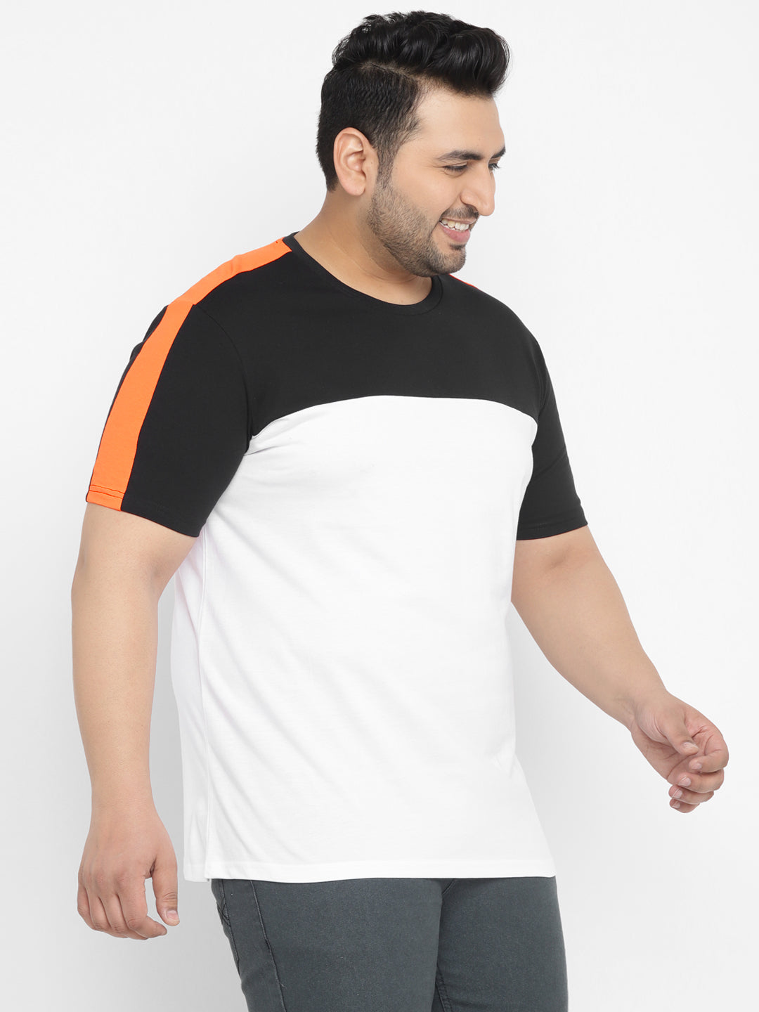 Plus Men's Black, White, Orange Color-Block Regular Fit Half Sleeve Cotton T-Shirt