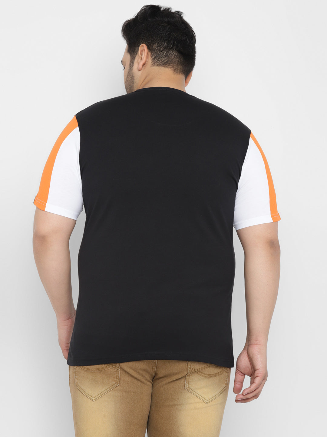 Plus Men's Black, Orange, White Color-Block Regular Fit Half Sleeve Cotton T-Shirt