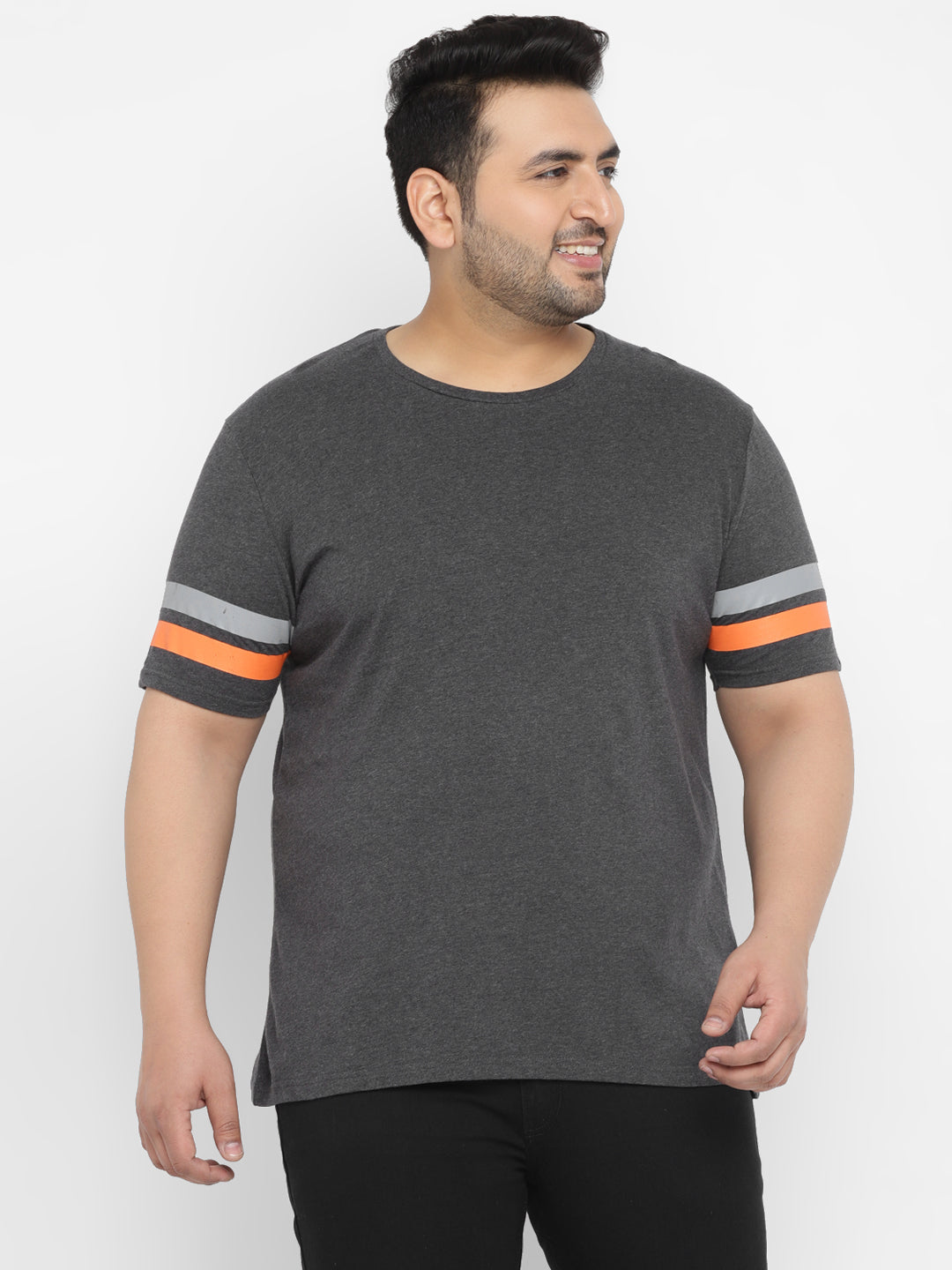 Plus Men's Grey, Orange Color-Block Regular Fit Half Sleeve Cotton T-Shirt