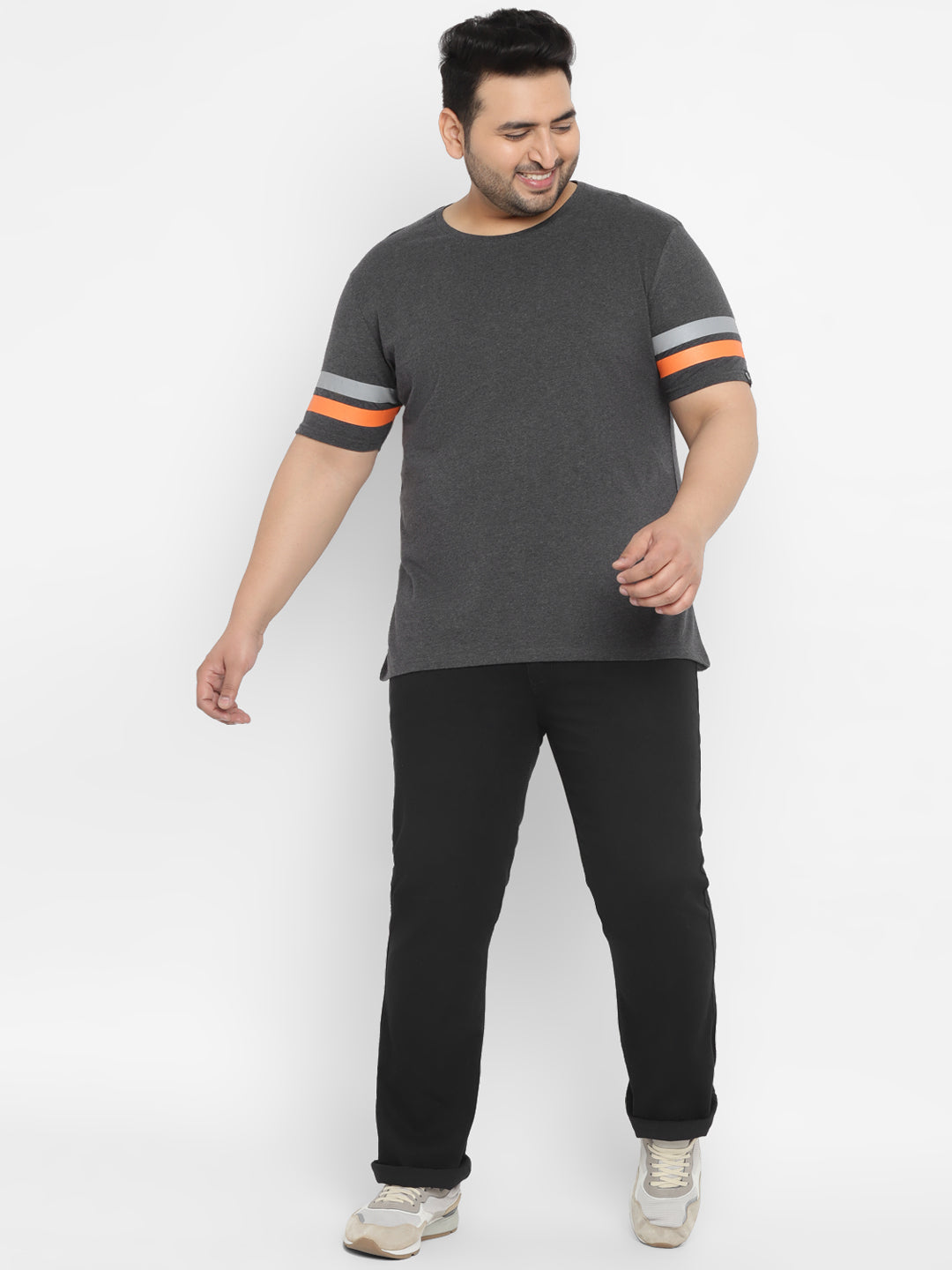 Plus Men's Grey, Orange Color-Block Regular Fit Half Sleeve Cotton T-Shirt