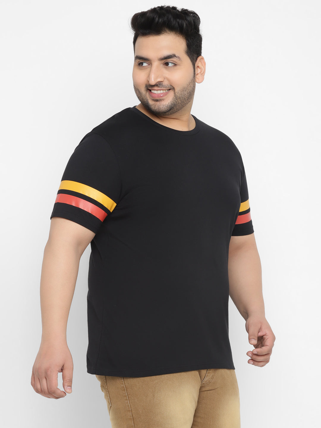 Plus Men's Black, Yellow, Orange Color-Block Regular Fit Half Sleeve Cotton T-Shirt