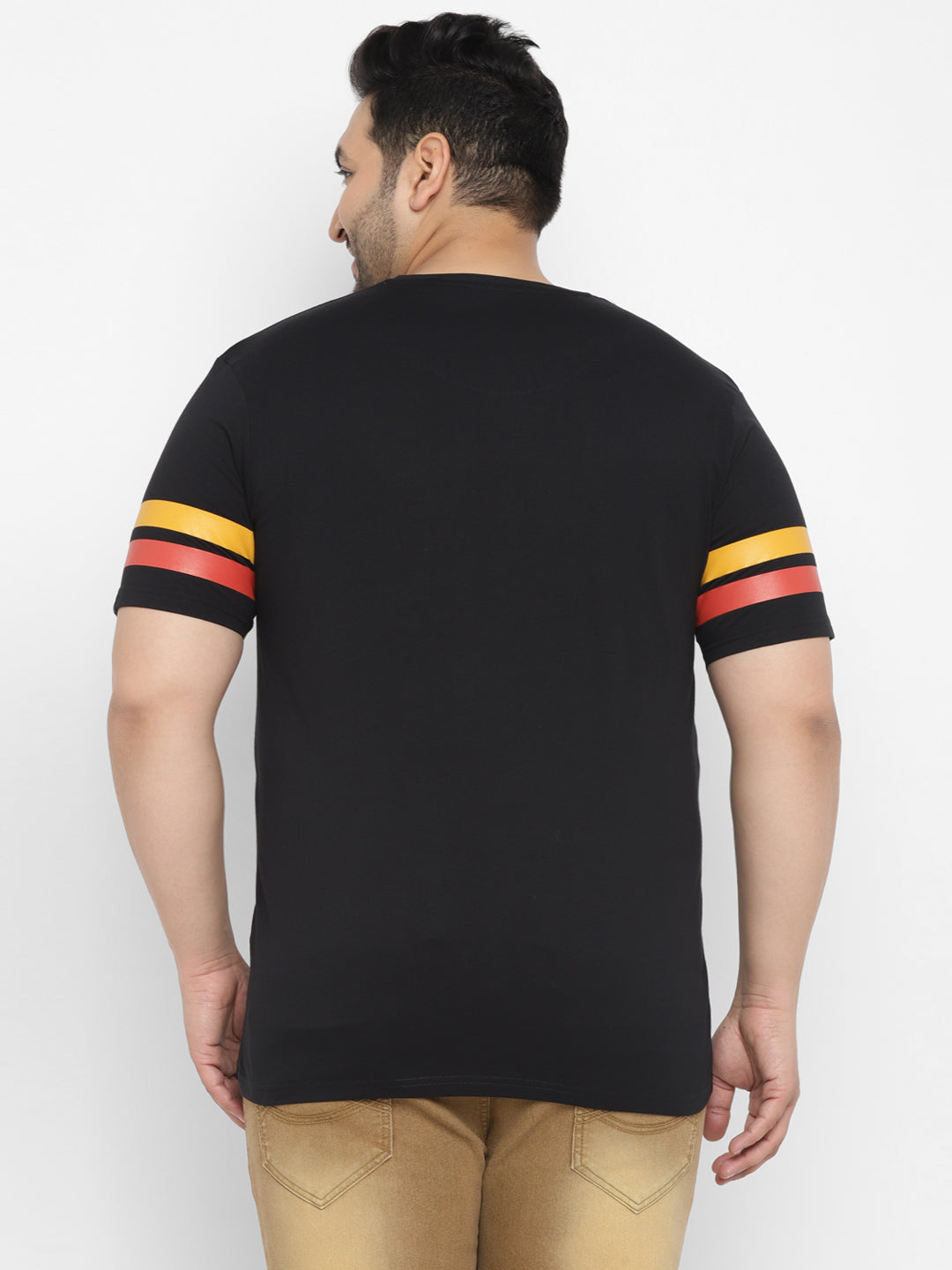 Plus Men's Black, Yellow, Orange Color-Block Regular Fit Half Sleeve Cotton T-Shirt