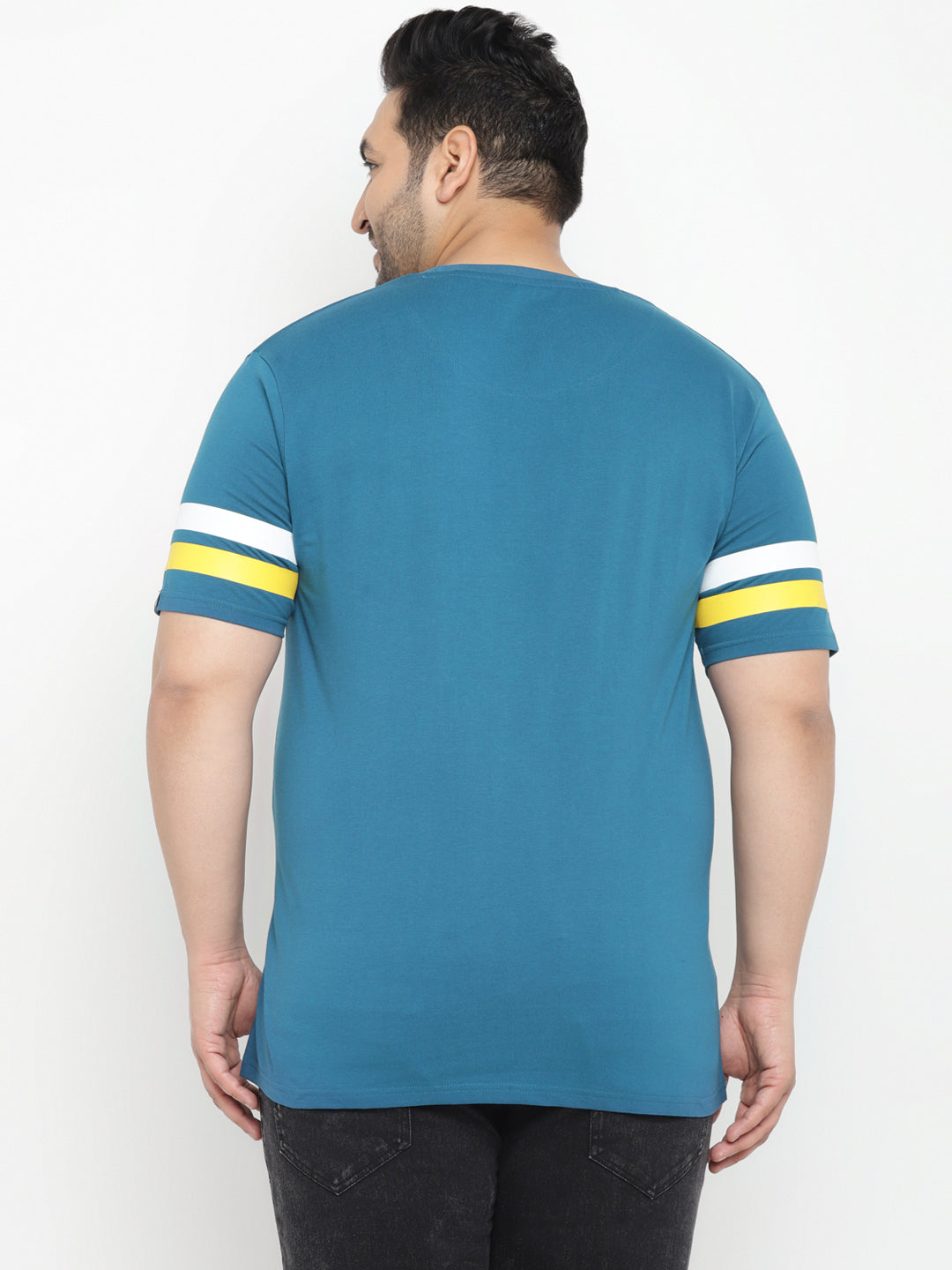 Plus Men's Blue, White, Yellow Color-Block Regular Fit Half Sleeve Cotton T-Shirt