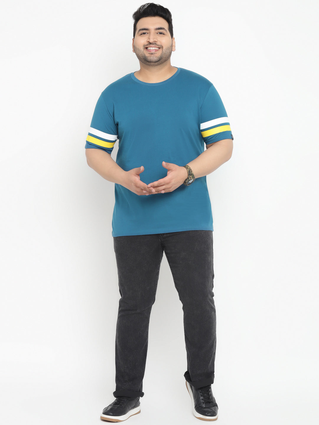 Plus Men's Blue, White, Yellow Color-Block Regular Fit Half Sleeve Cotton T-Shirt