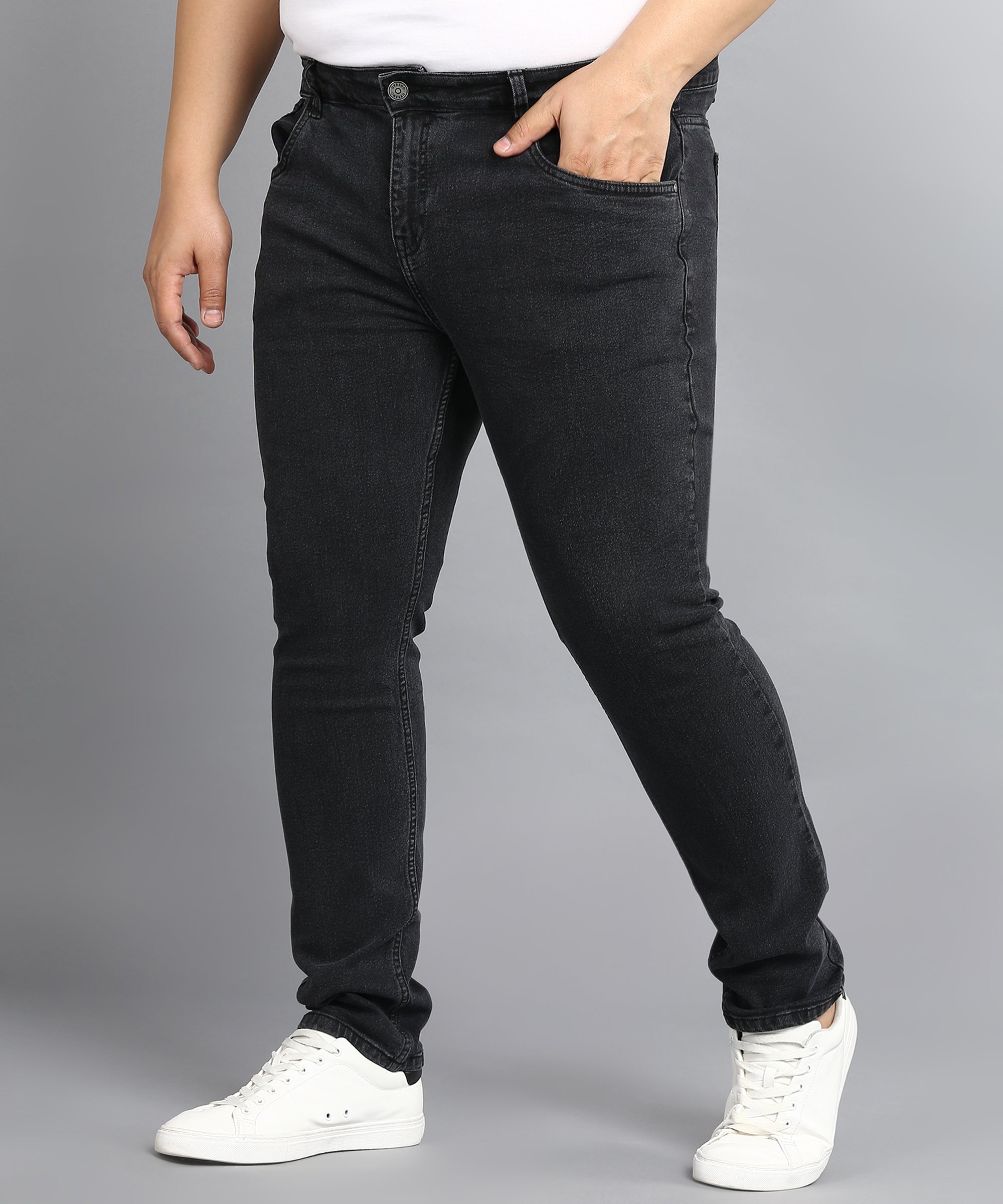 Plus Men's Dark Grey Regular Fit Washed Jeans Stretchable