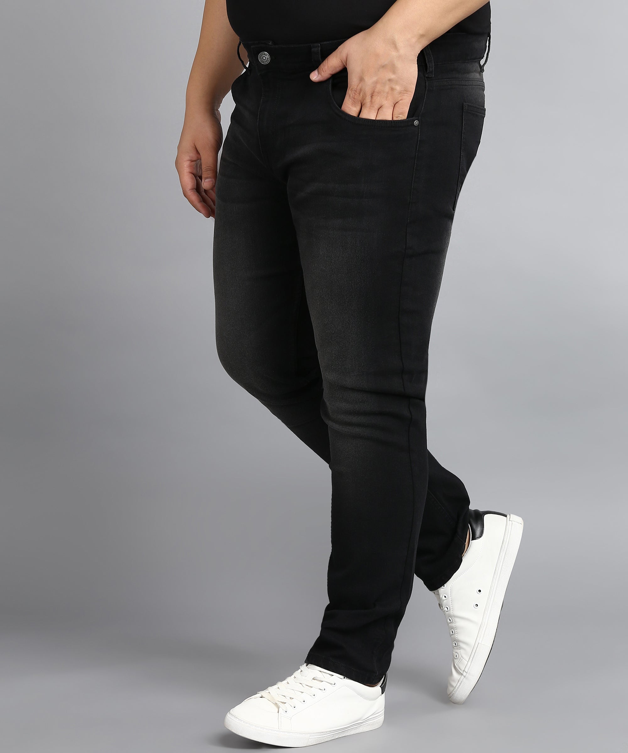 Plus Men's Black Regular Fit Washed Jeans Stretchable