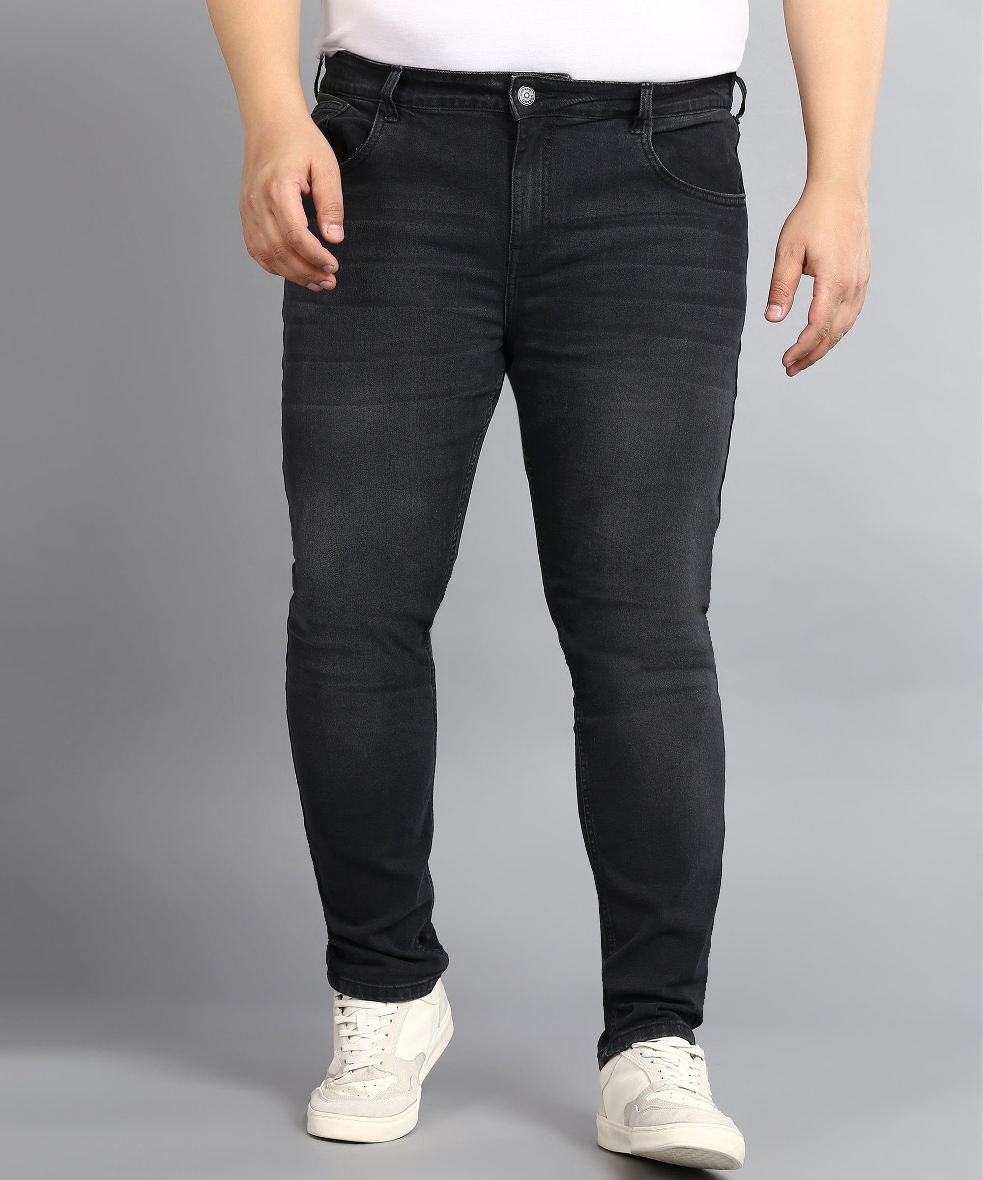 Plus Men's Dark Grey Regular Fit Washed Jeans Stretchable