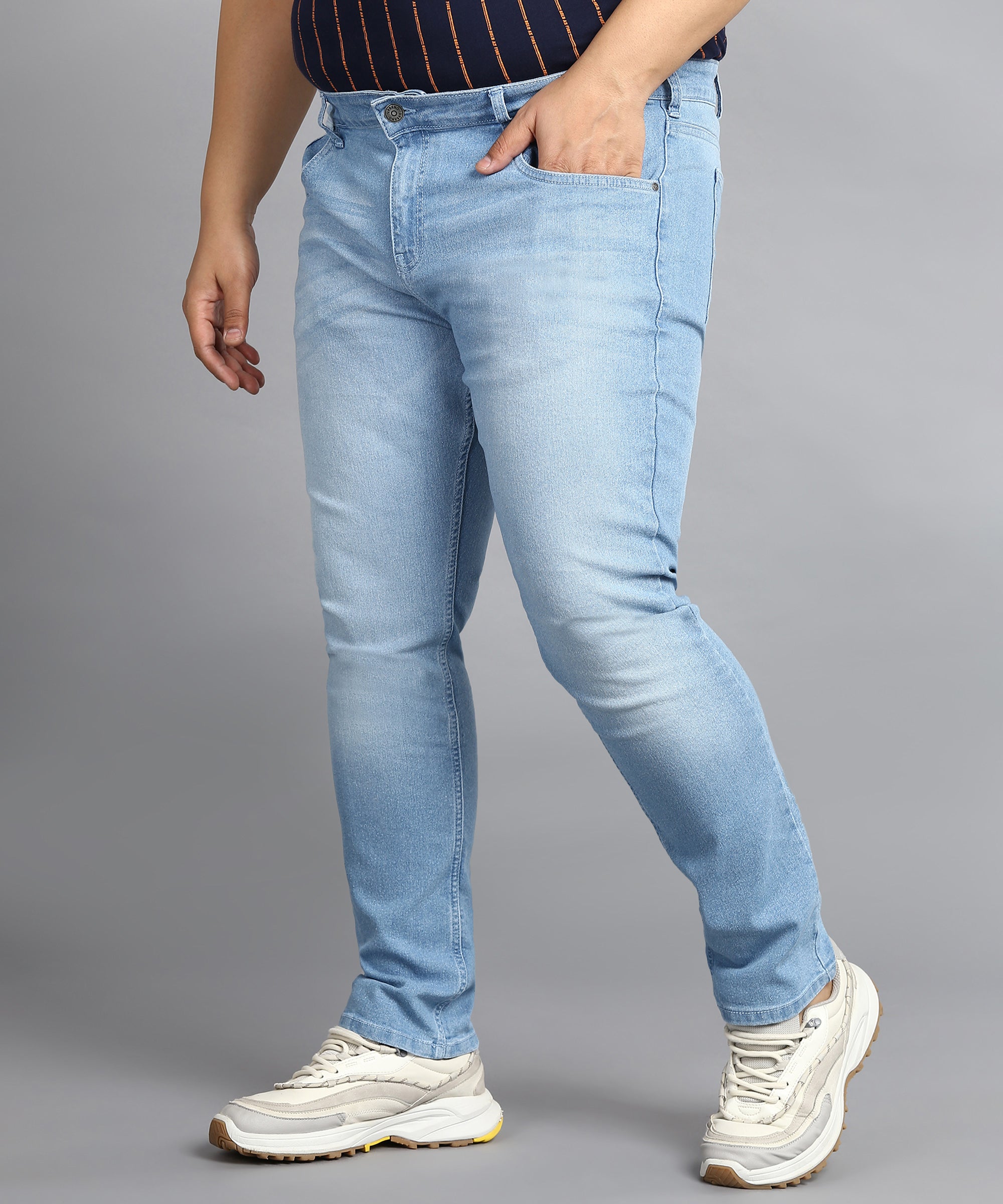 Plus Men's Light Blue Regular Fit Washed Jeans Stretchable