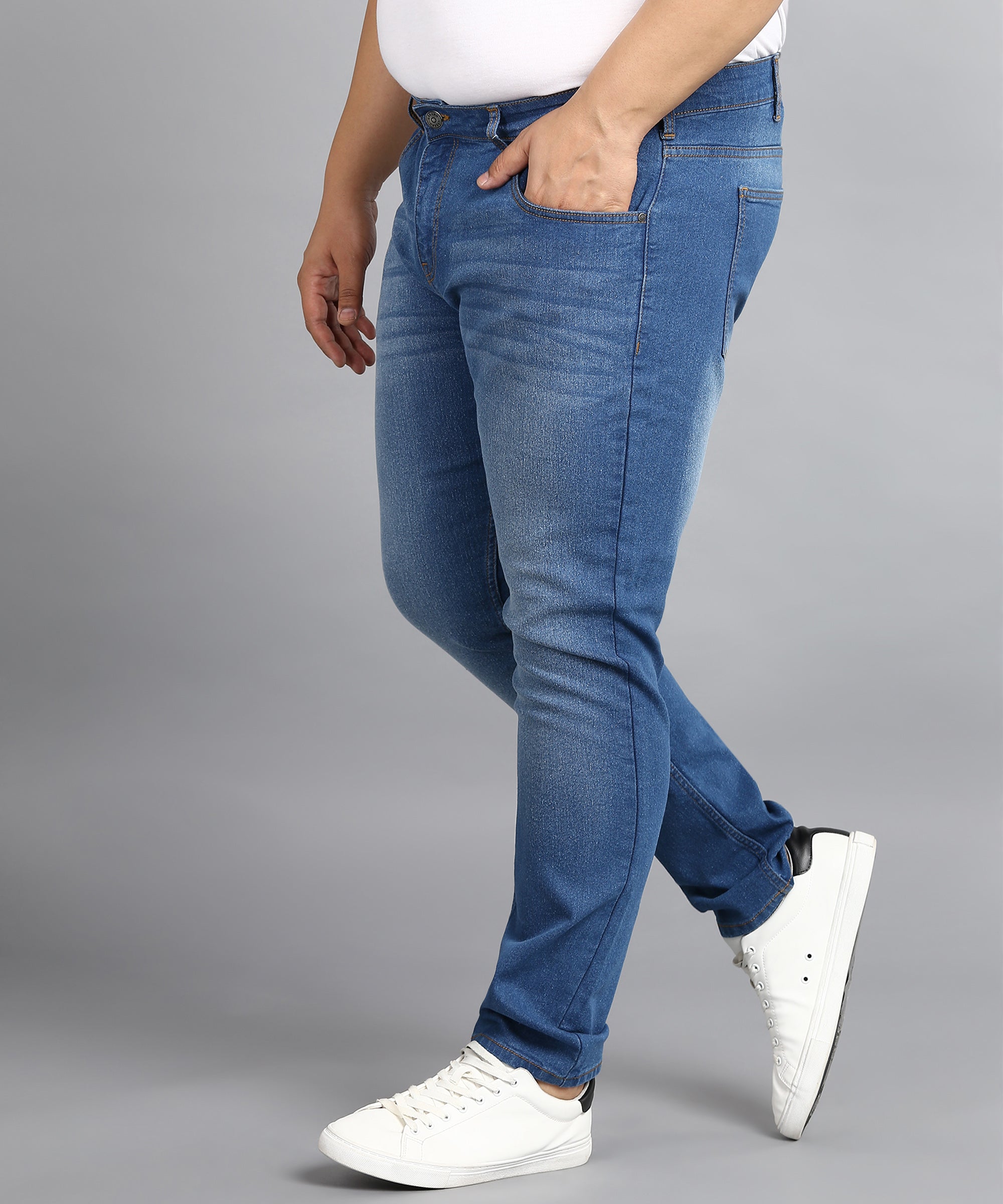 Plus Men's Blue Regular Fit Washed Jeans Stretchable