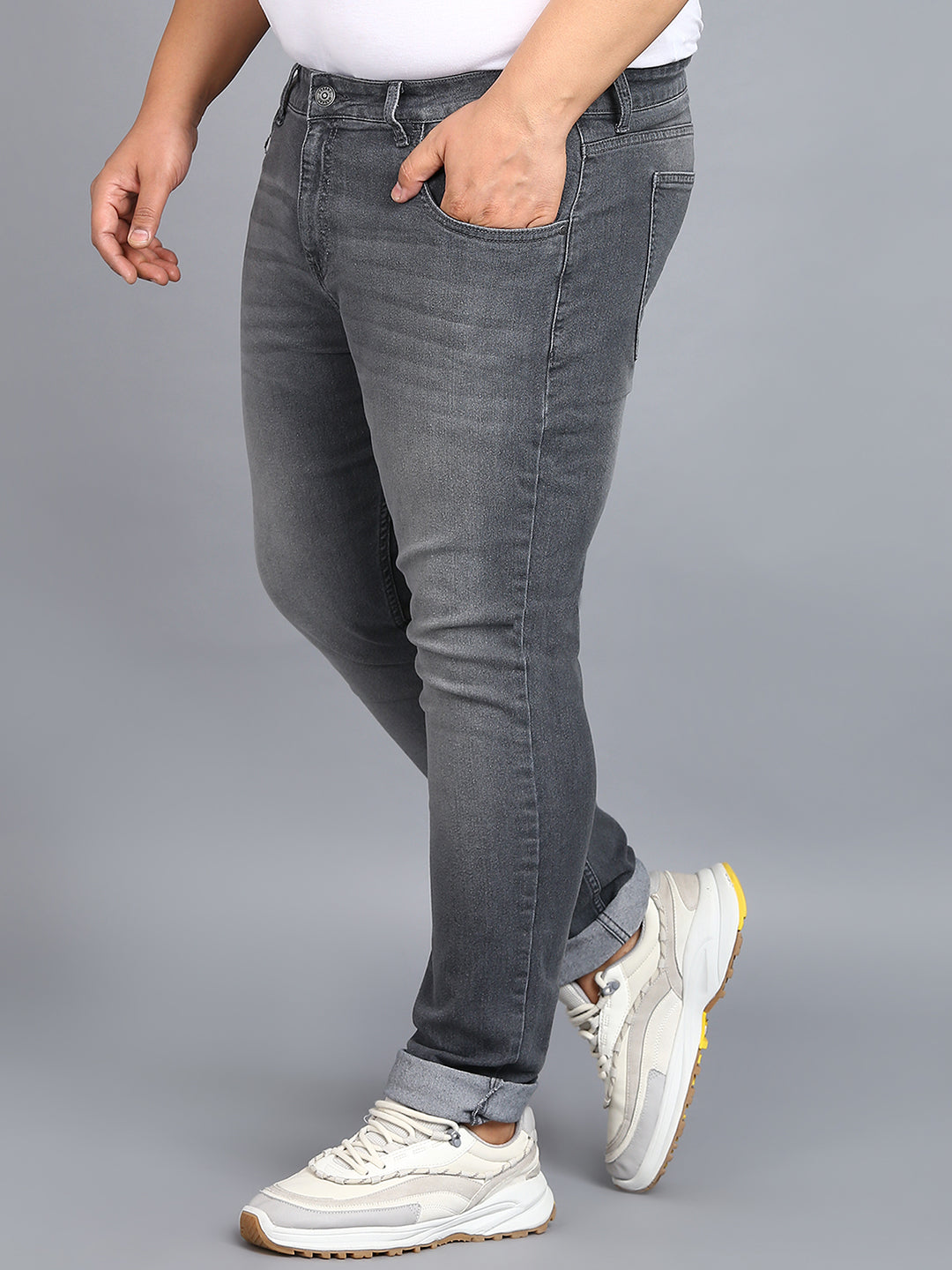 Plus Men's Grey Regular Fit Washed Jeans Stretchable