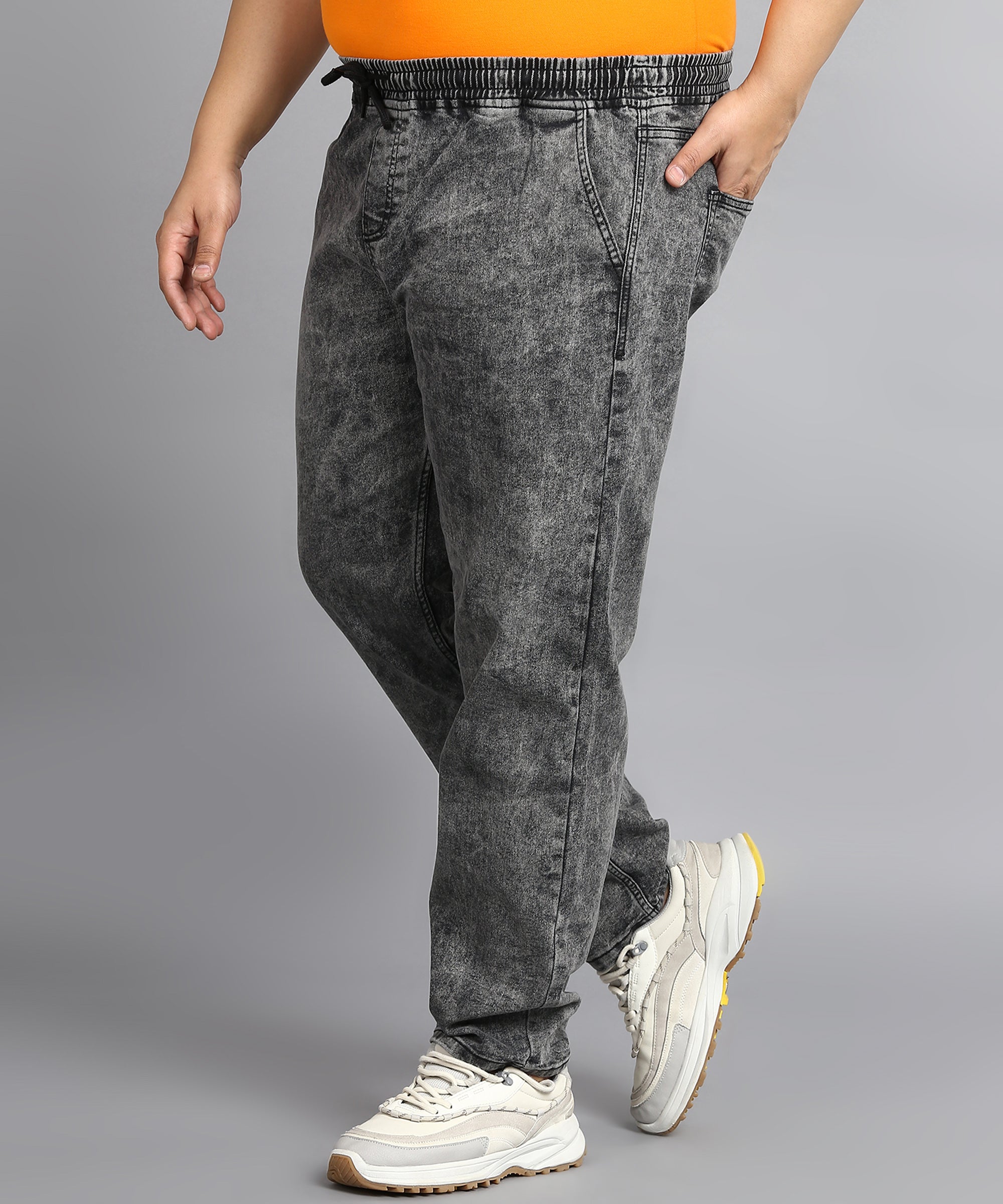 Plus Men's Dark Grey Regular Fit Washed Jogger Jeans Stretchable