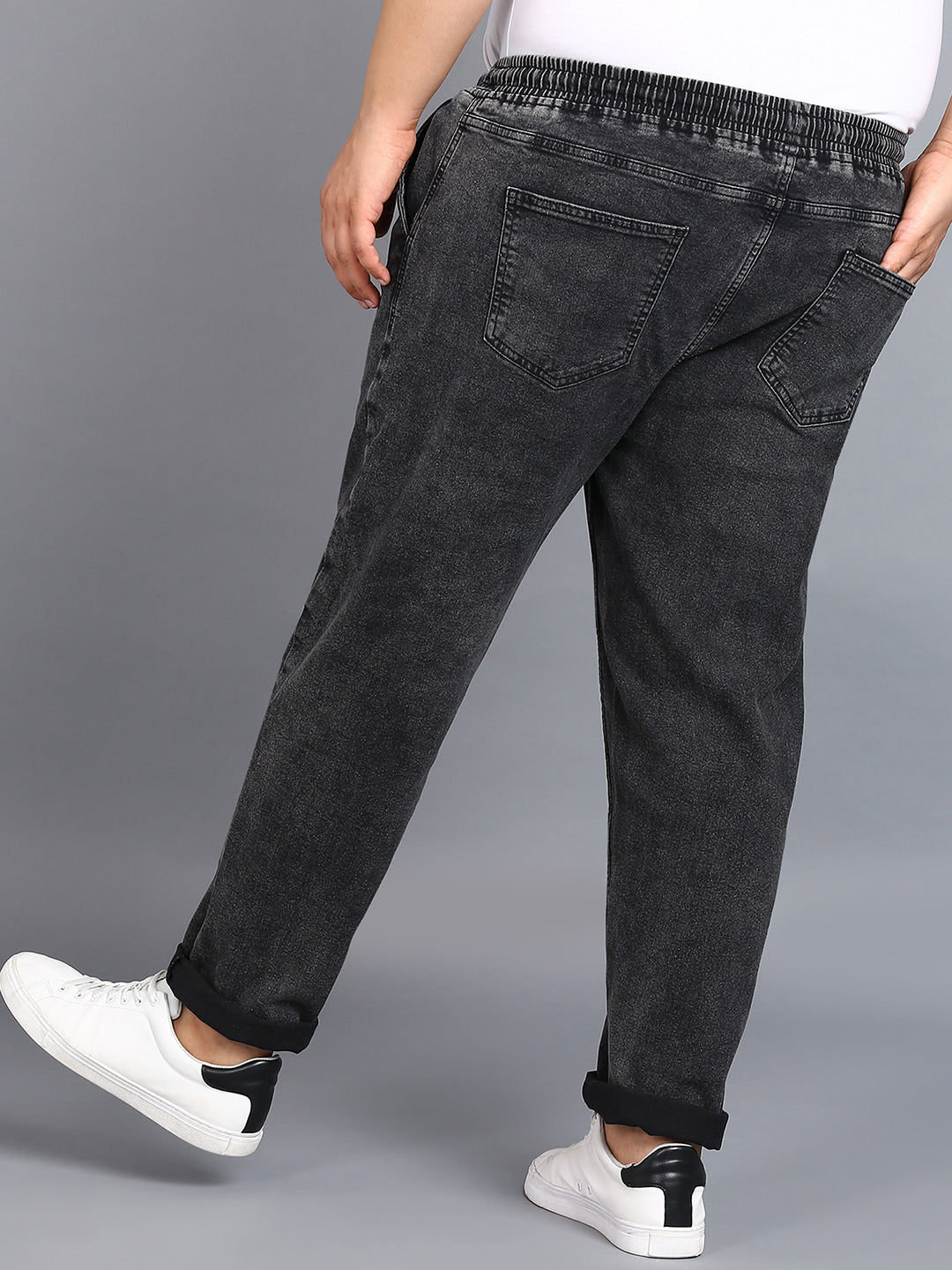 Plus Men's Jet Black Regular Fit Washed Jogger Jeans Stretchable