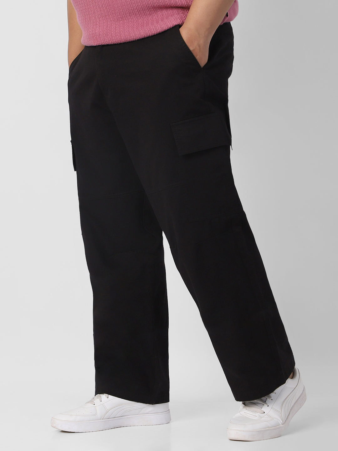 Plus Men's Black Loose Baggy Fit Solid Cargo Chino Pant with 6 Pockets Non-Stretchable