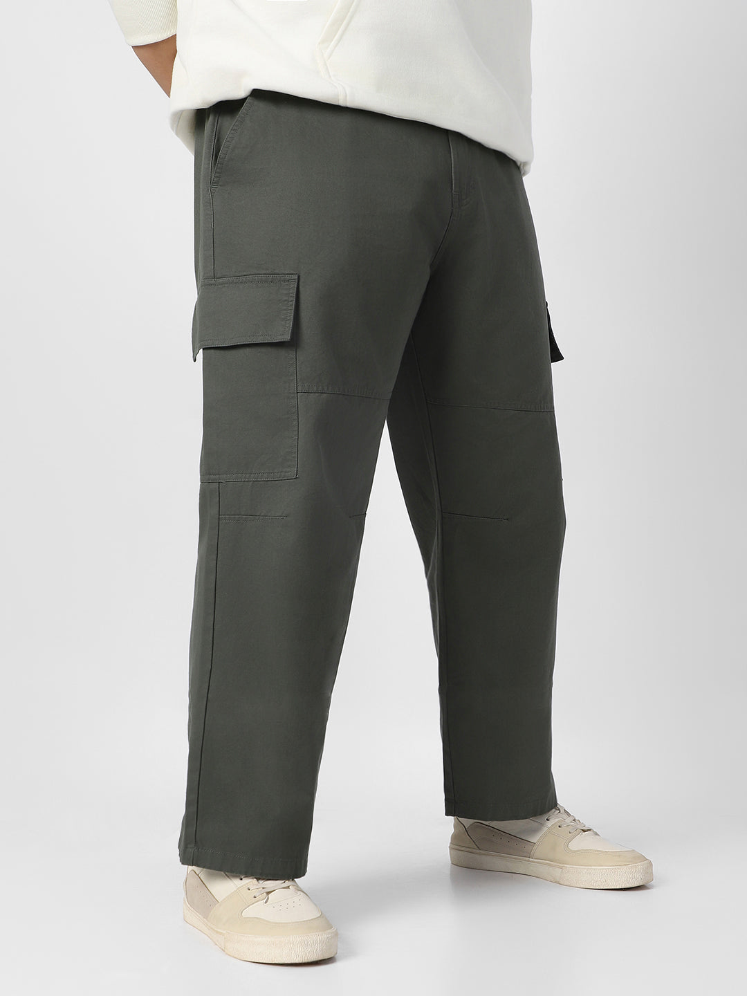 Plus Men's Light Grey Loose Baggy Fit Solid Cargo Chino Pant with 6 Pockets Non-Stretchable