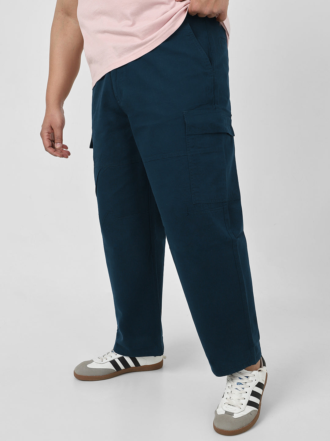 Plus Men's Navy Loose Baggy Fit Solid Cargo Chino Pant with 6 Pockets Non-Stretchable