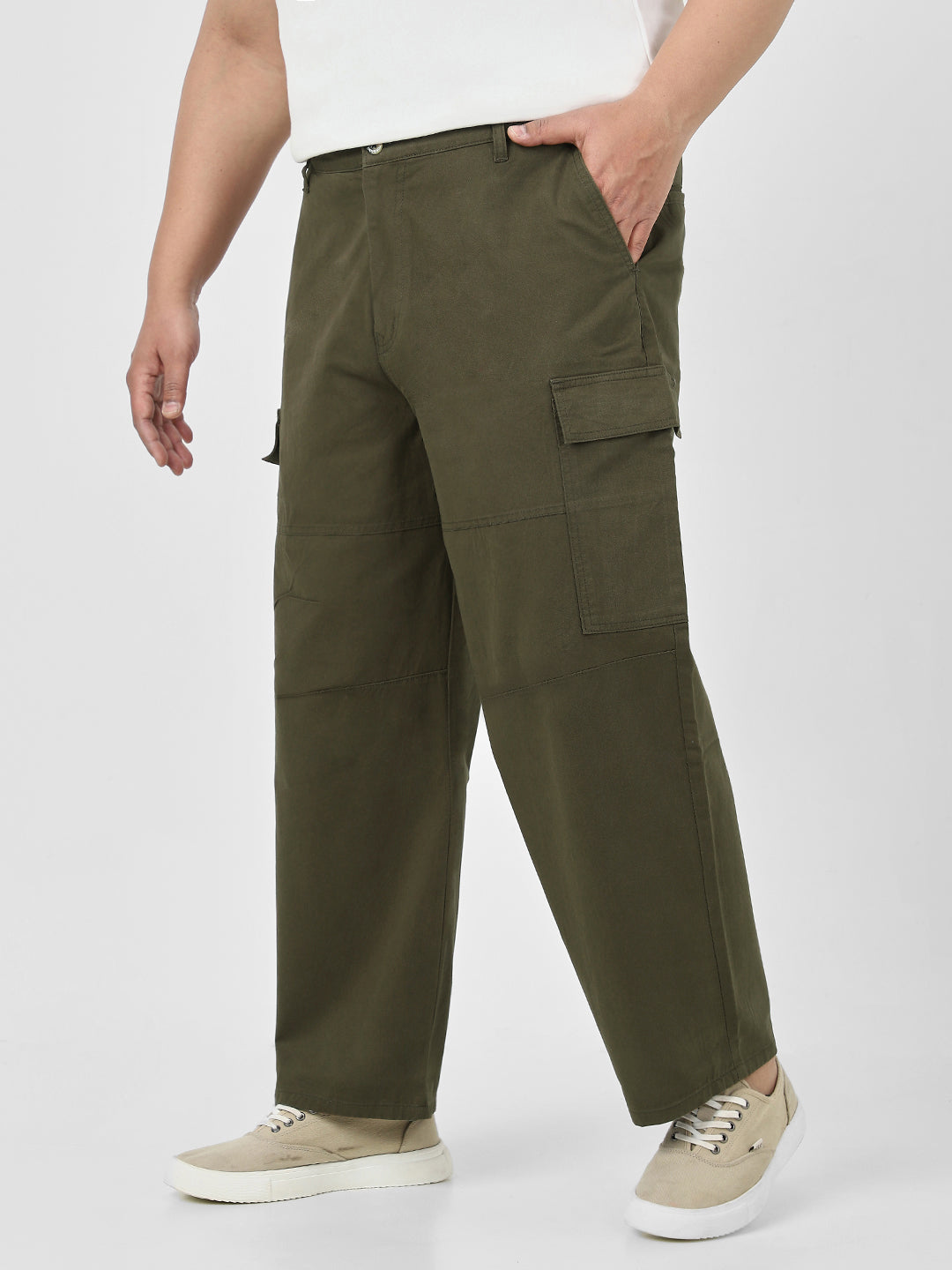 Plus Men's Olive Loose Baggy Fit Solid Cargo Chino Pant with 6 Pockets Non-Stretchable