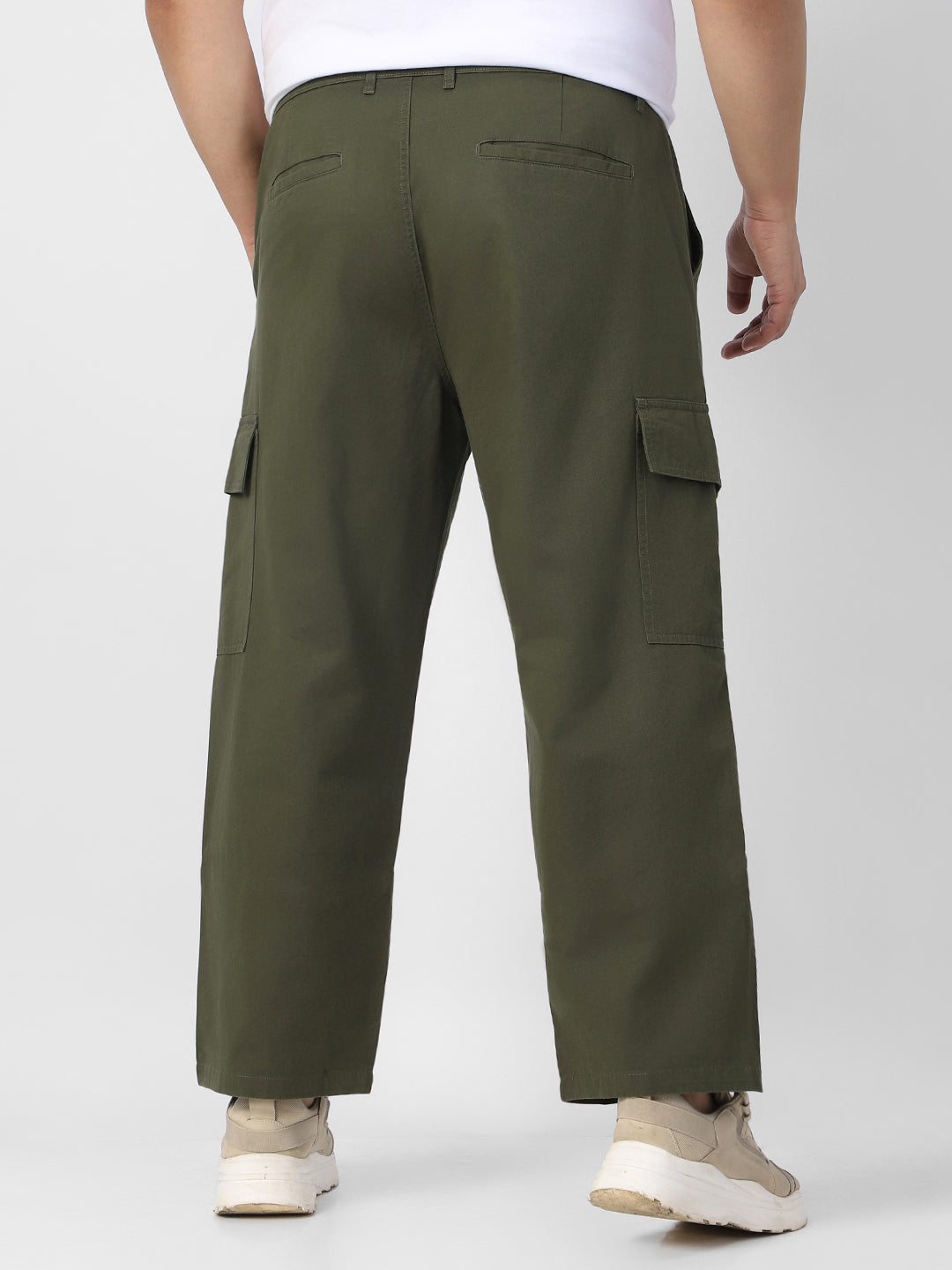 Plus Men's Olive Loose Baggy Fit Solid Cargo Chino Pant with 6 Pockets Non-Stretchable