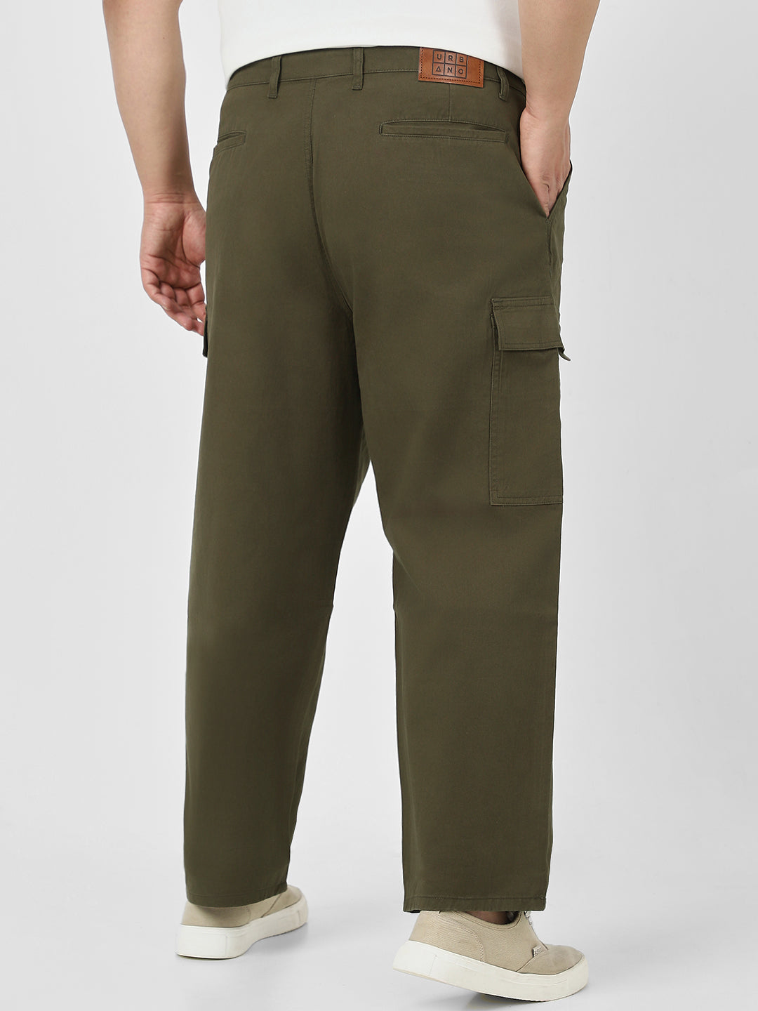 Plus Men's Olive Loose Baggy Fit Solid Cargo Chino Pant with 6 Pockets Non-Stretchable