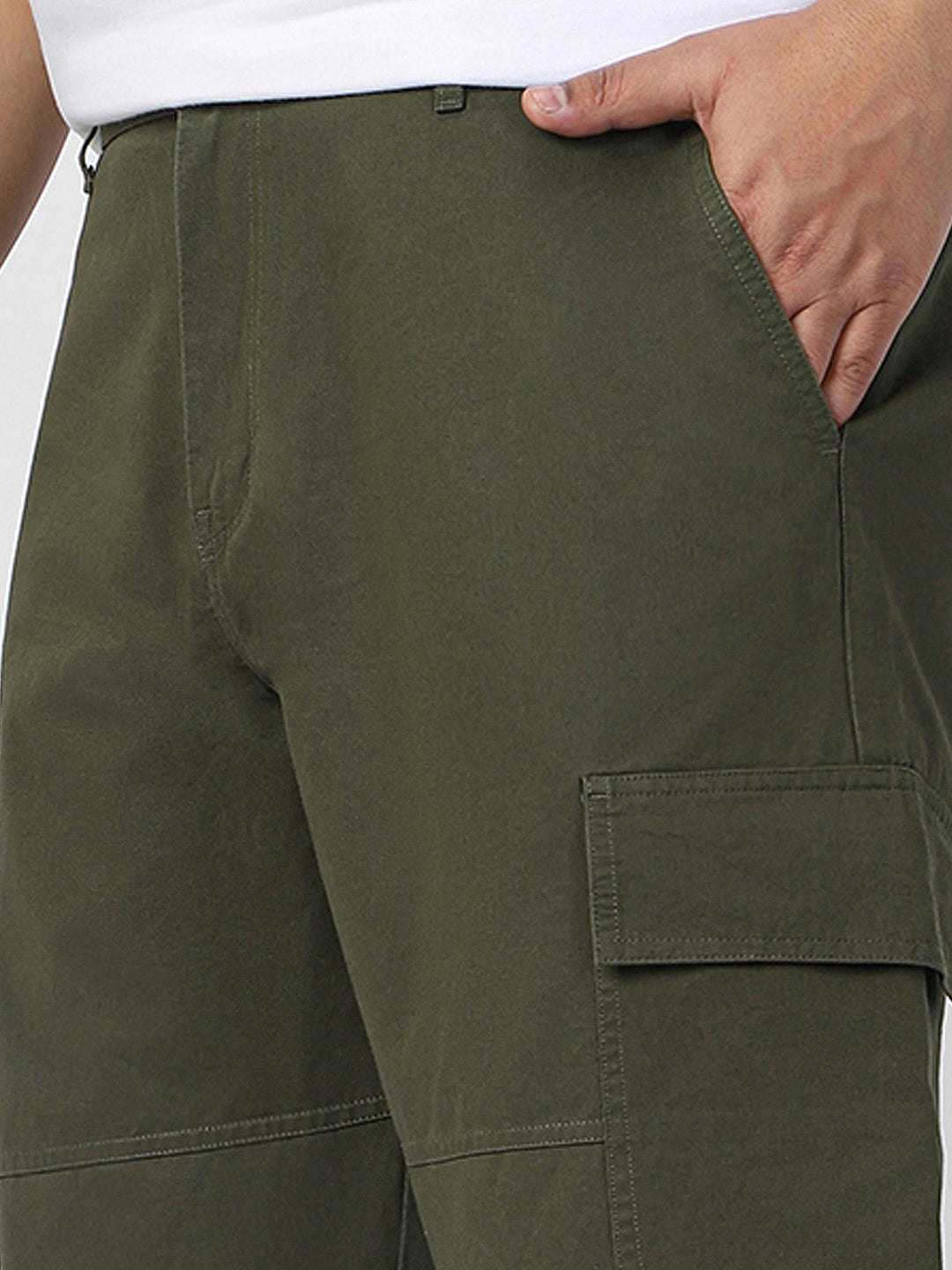 Plus Men's Olive Loose Baggy Fit Solid Cargo Chino Pant with 6 Pockets Non-Stretchable