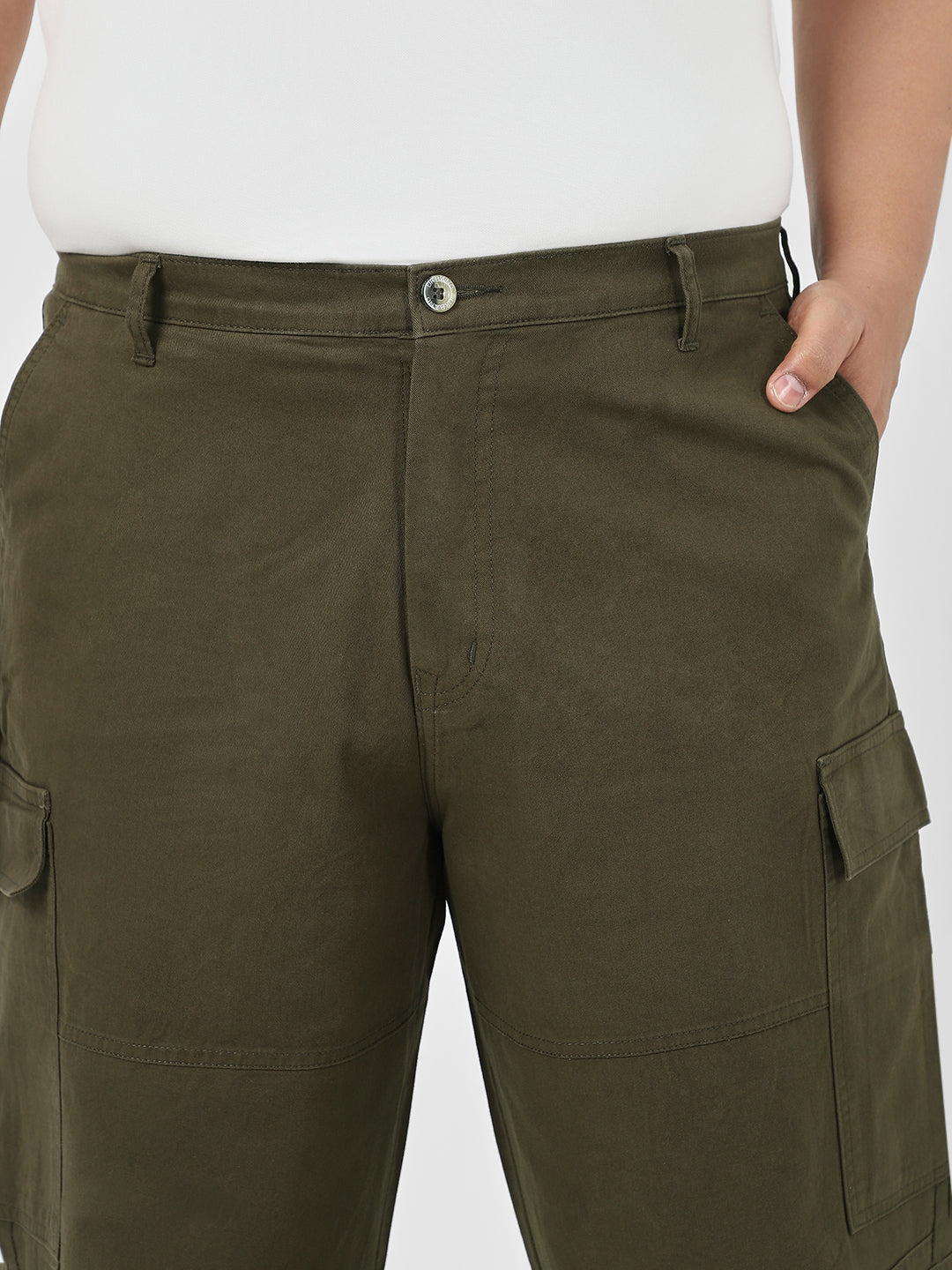 Plus Men's Olive Loose Baggy Fit Solid Cargo Chino Pant with 6 Pockets Non-Stretchable