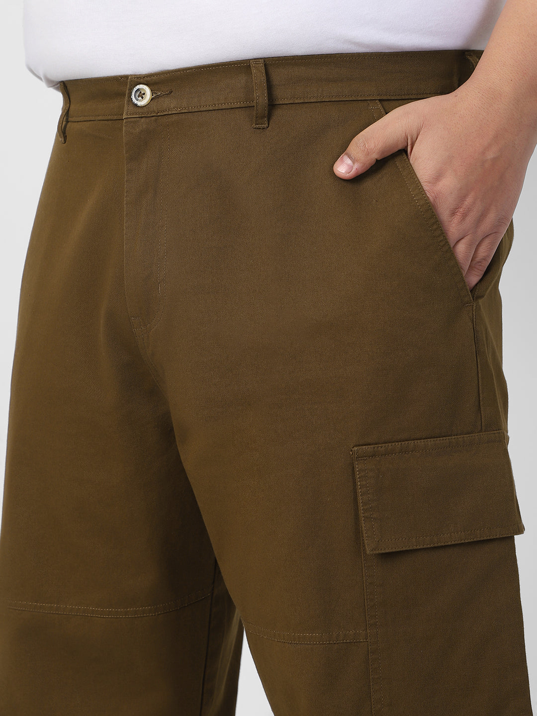 Plus Men's Tobacco Loose Baggy Fit Solid Cargo Chino Pant with 6 Pockets Non-Stretchable