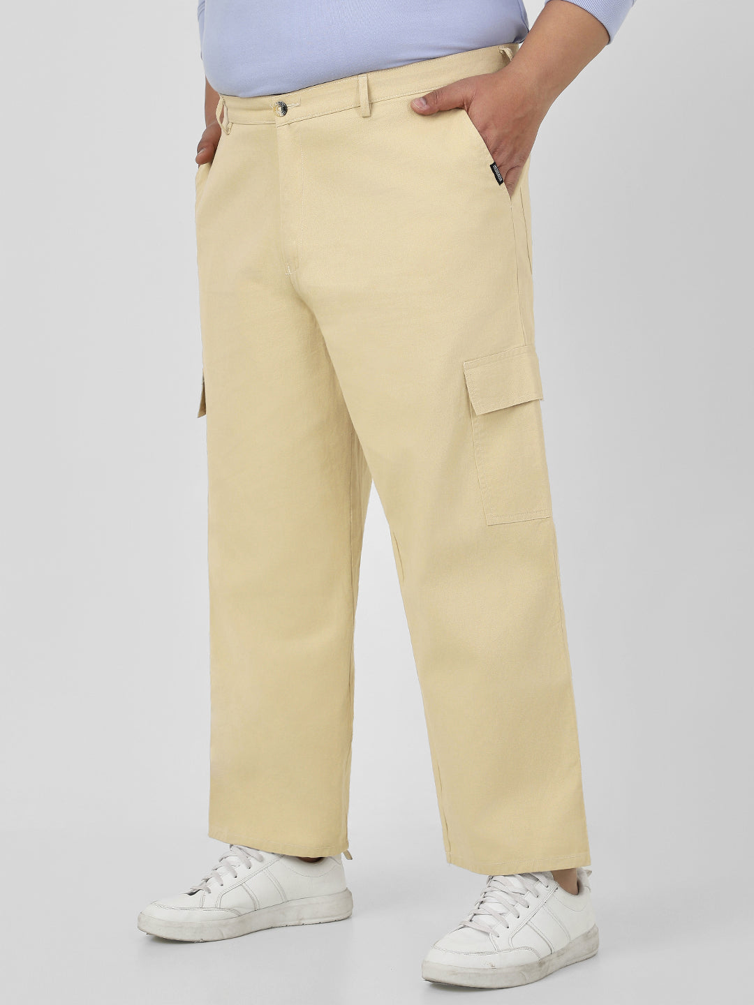 Plus Men's Beige Loose Baggy Fit Solid Cargo Chino Pant with 6 Pockets Non-Stretchable