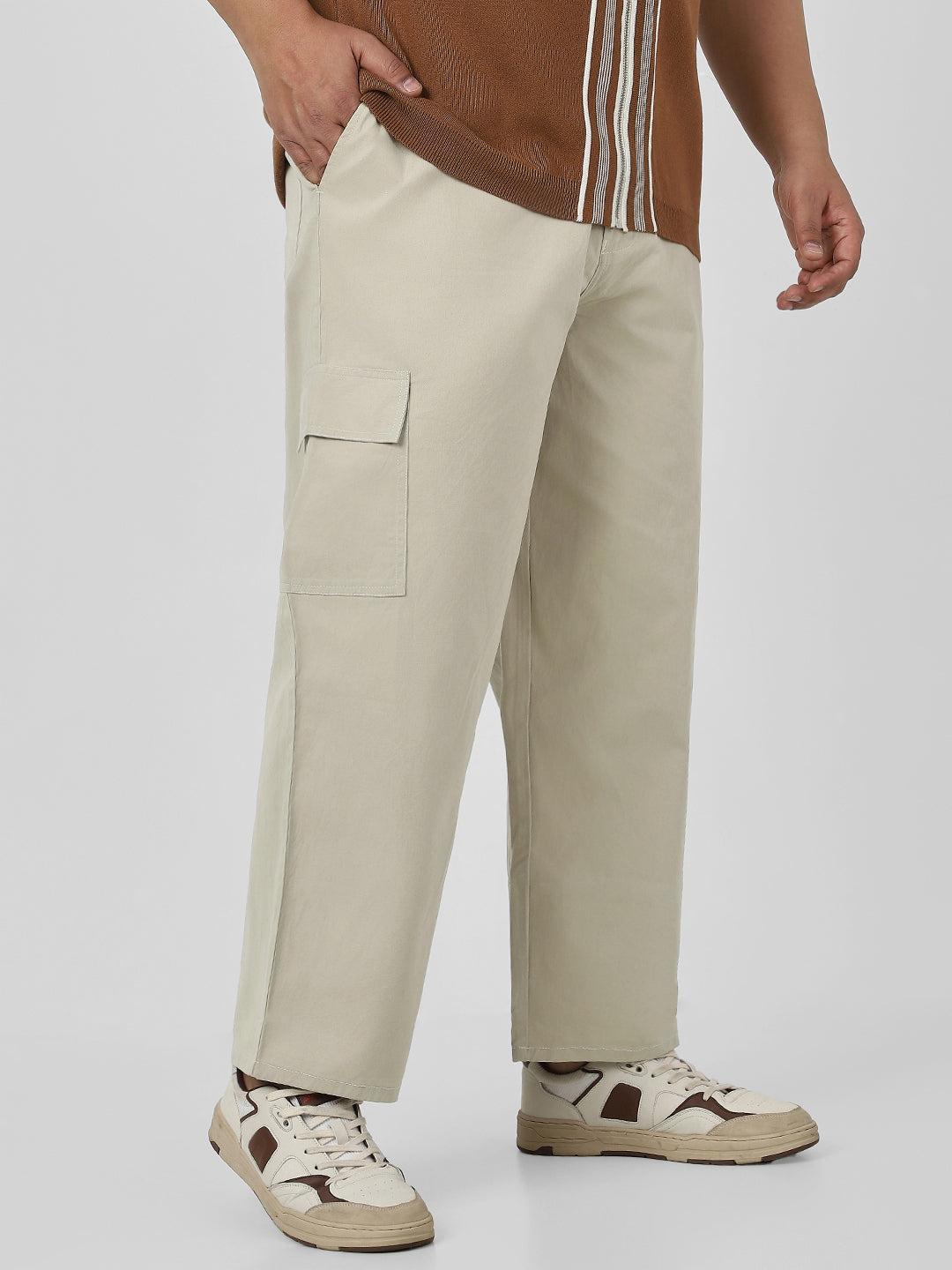 Plus Men's Cream Loose Baggy Fit Solid Cargo Chino Pant with 6 Pockets Non-Stretchable