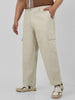 Plus Men's Cream Loose Baggy Fit Solid Cargo Chino Pant with 6 Pockets Non-Stretchable