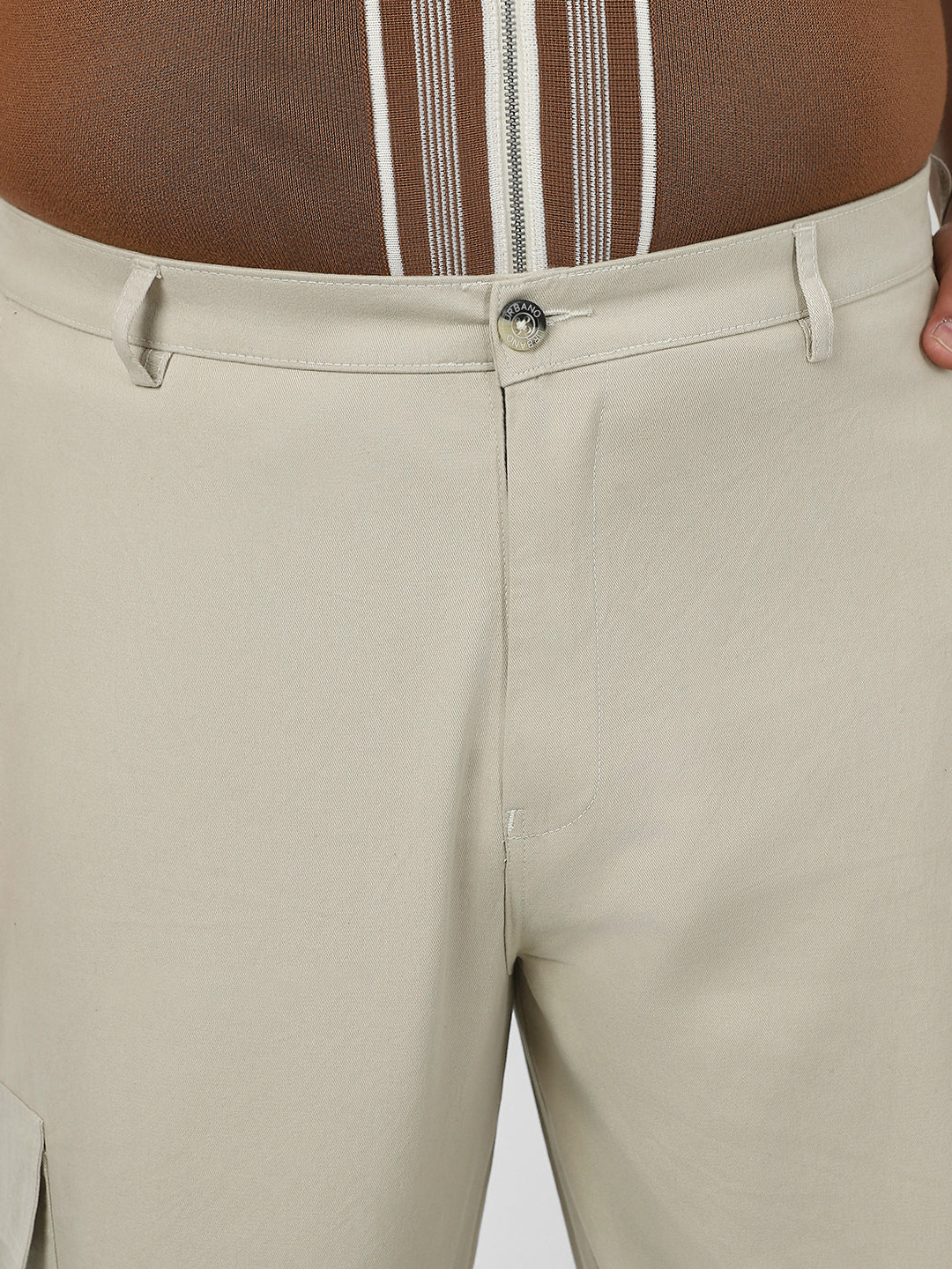 Plus Men's Cream Loose Baggy Fit Solid Cargo Chino Pant with 6 Pockets Non-Stretchable