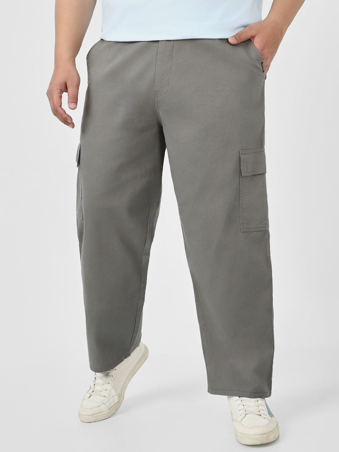 Plus Men's Grey Loose Baggy Fit Solid Cargo Chino Pant with 6 Pockets Non-Stretchable