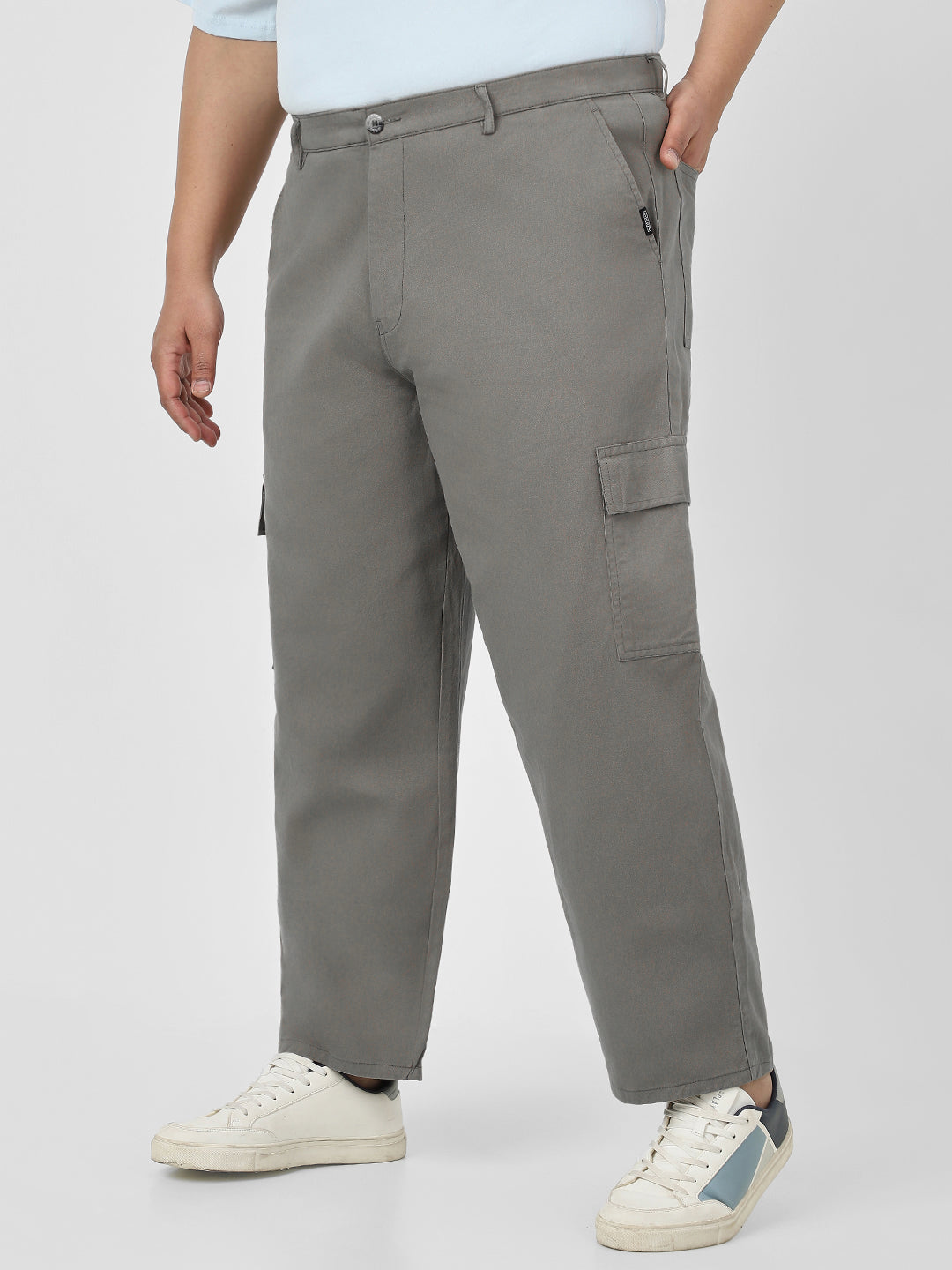 Plus Men's Grey Loose Baggy Fit Solid Cargo Chino Pant with 6 Pockets Non-Stretchable