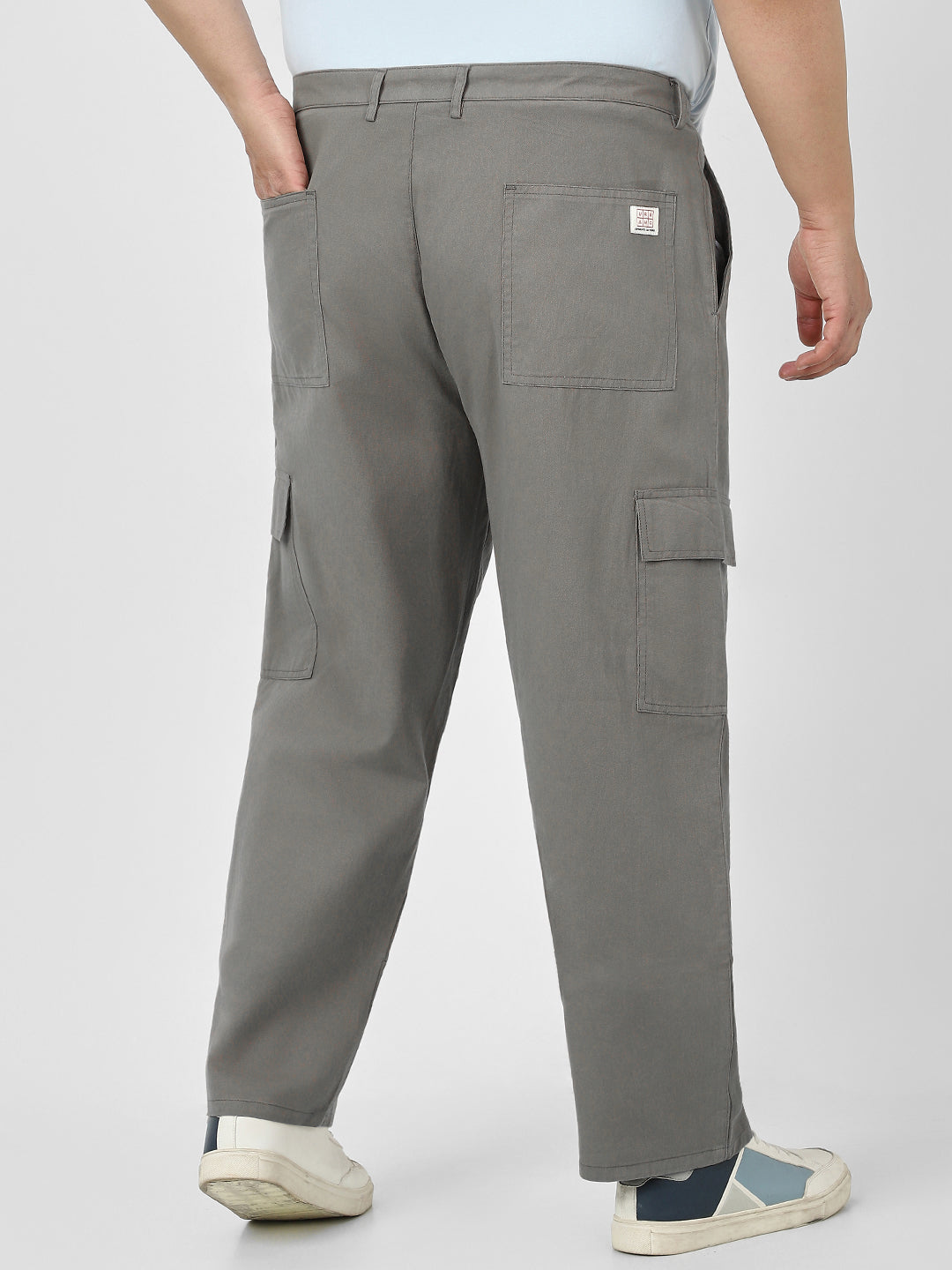 Plus Men's Grey Loose Baggy Fit Solid Cargo Chino Pant with 6 Pockets Non-Stretchable