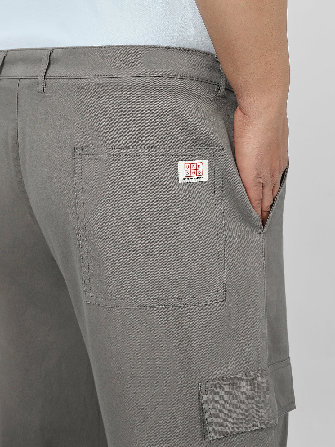 Plus Men's Grey Loose Baggy Fit Solid Cargo Chino Pant with 6 Pockets Non-Stretchable