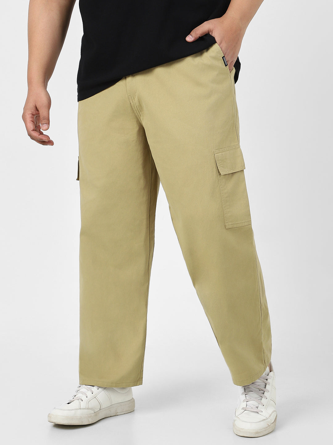 Plus Men's Light Olive Loose Baggy Fit Solid Cargo Chino Pant with 6 Pockets Non-Stretchable