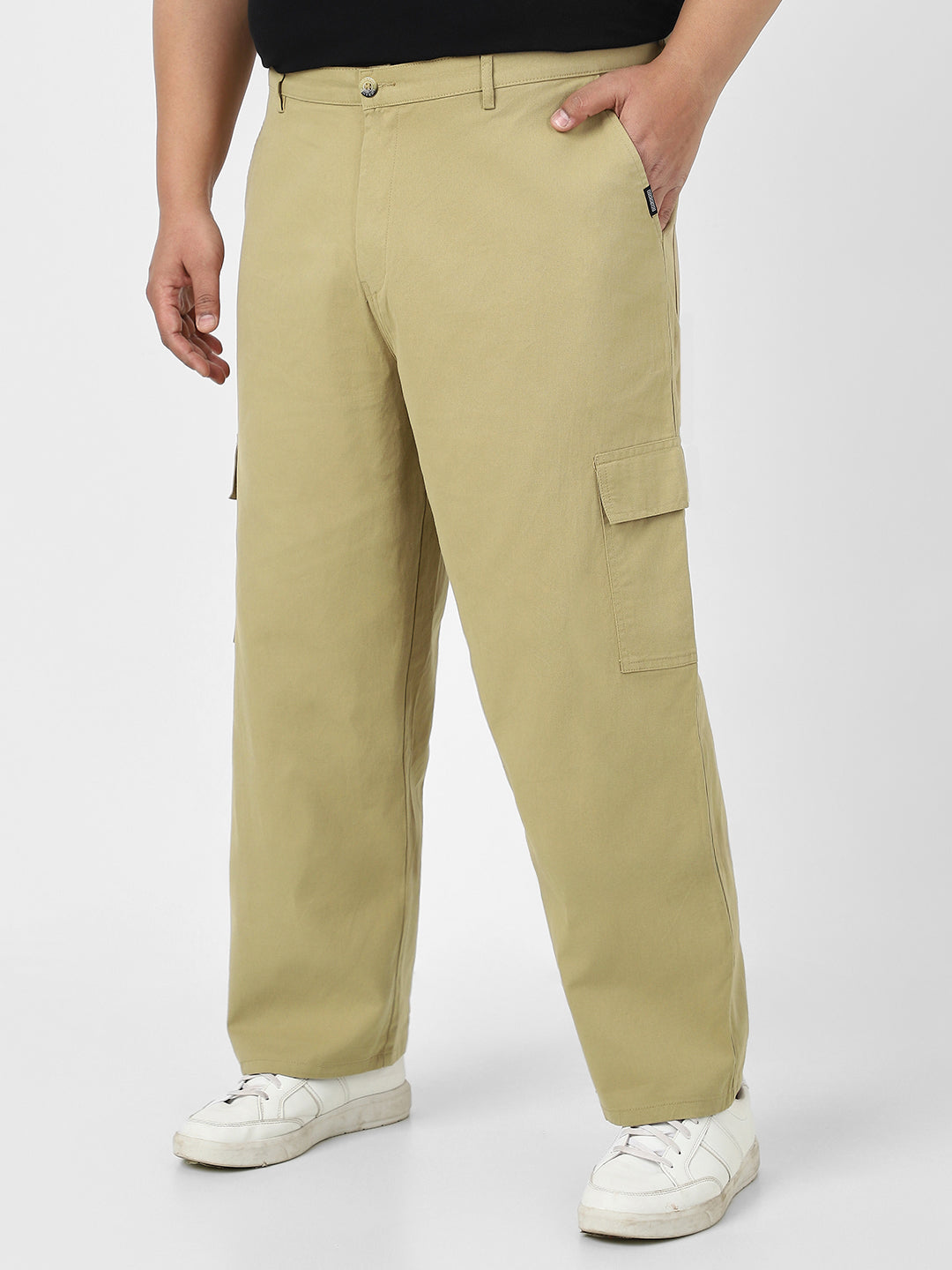 Plus Men's Light Olive Loose Baggy Fit Solid Cargo Chino Pant with 6 Pockets Non-Stretchable