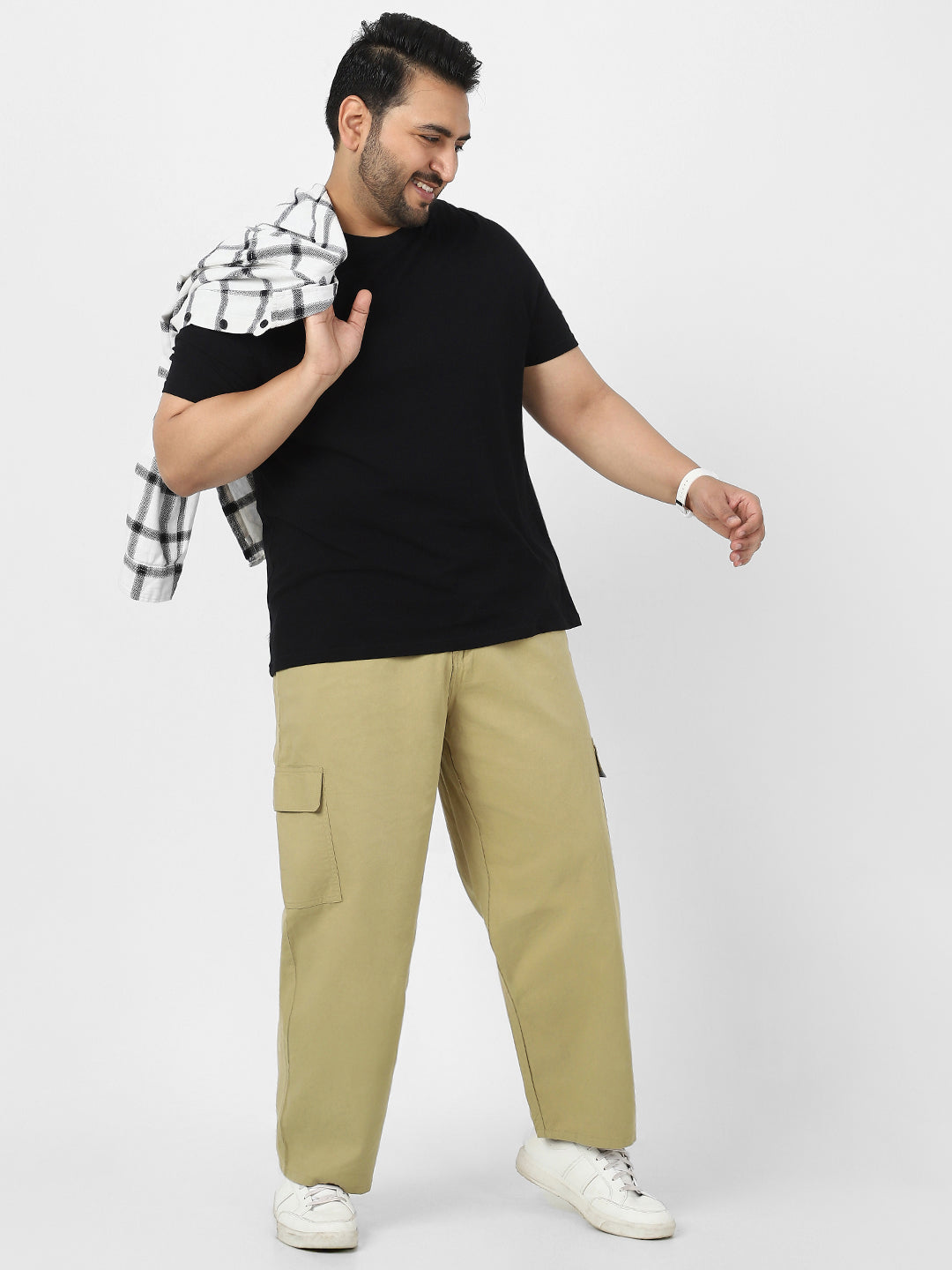 Plus Men's Light Olive Loose Baggy Fit Solid Cargo Chino Pant with 6 Pockets Non-Stretchable