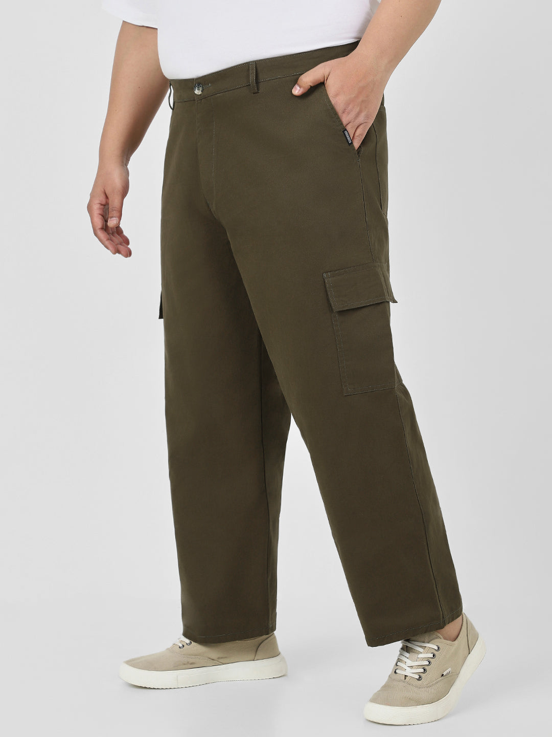 Plus Men's Olive Loose Baggy Fit Solid Cargo Chino Pant with 6 Pockets Non-Stretchable