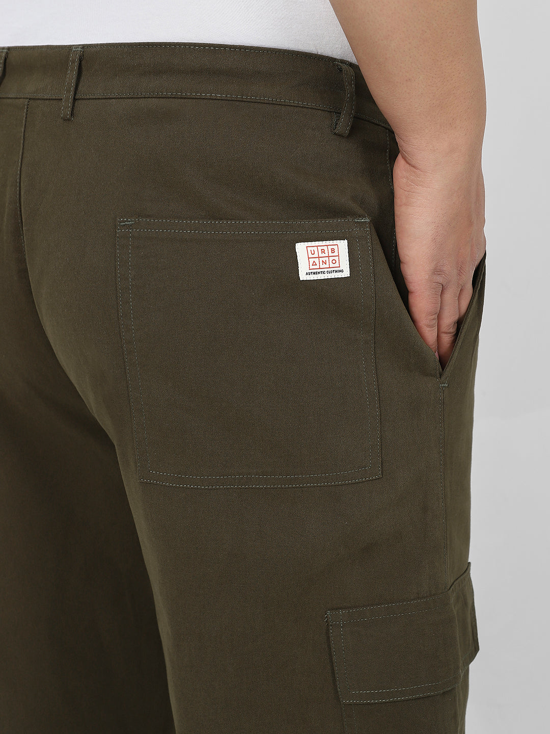 Plus Men's Olive Loose Baggy Fit Solid Cargo Chino Pant with 6 Pockets Non-Stretchable