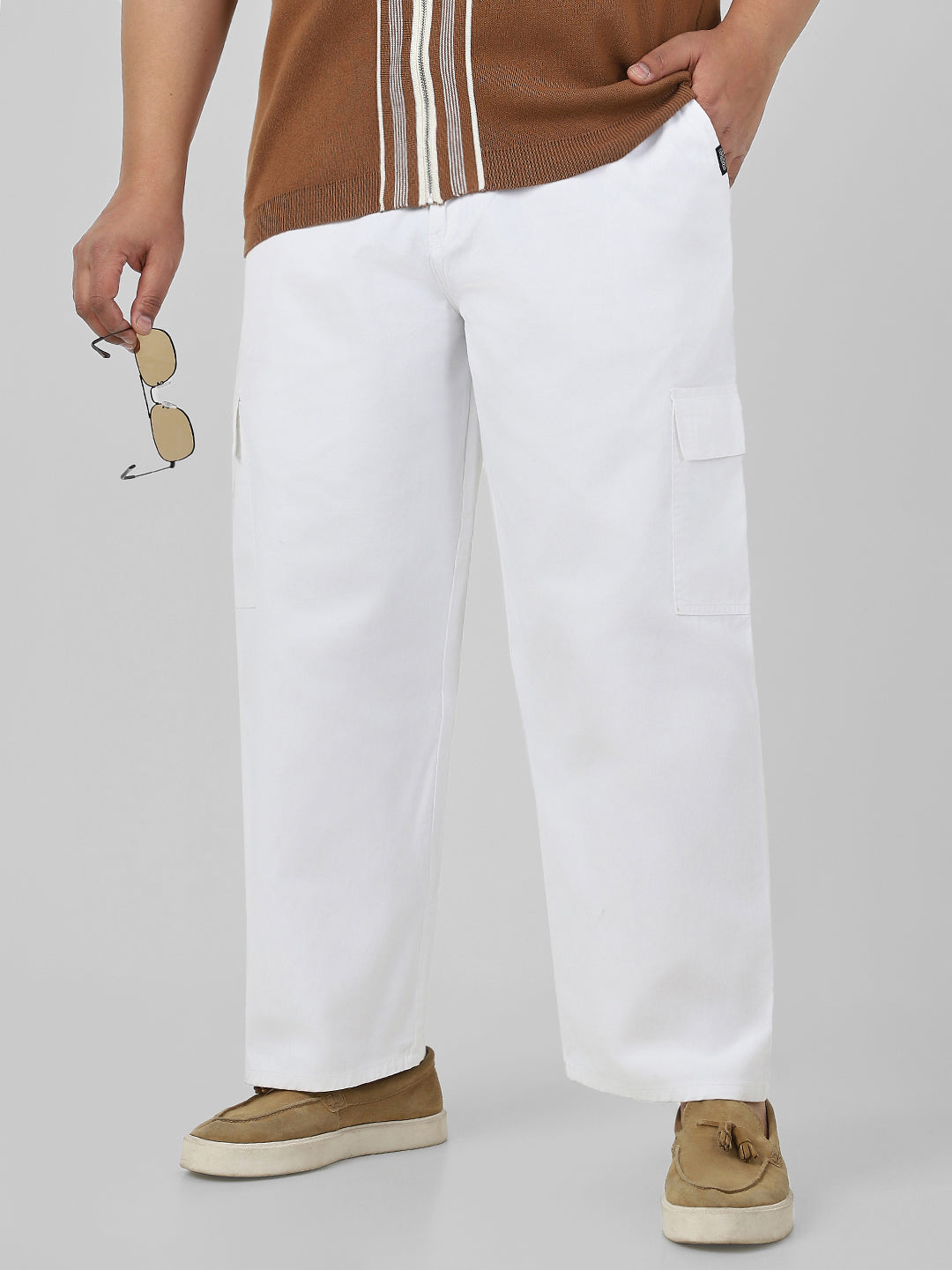 Plus Men's White Loose Baggy Fit Solid Cargo Chino Pant with 6 Pockets Non-Stretchable