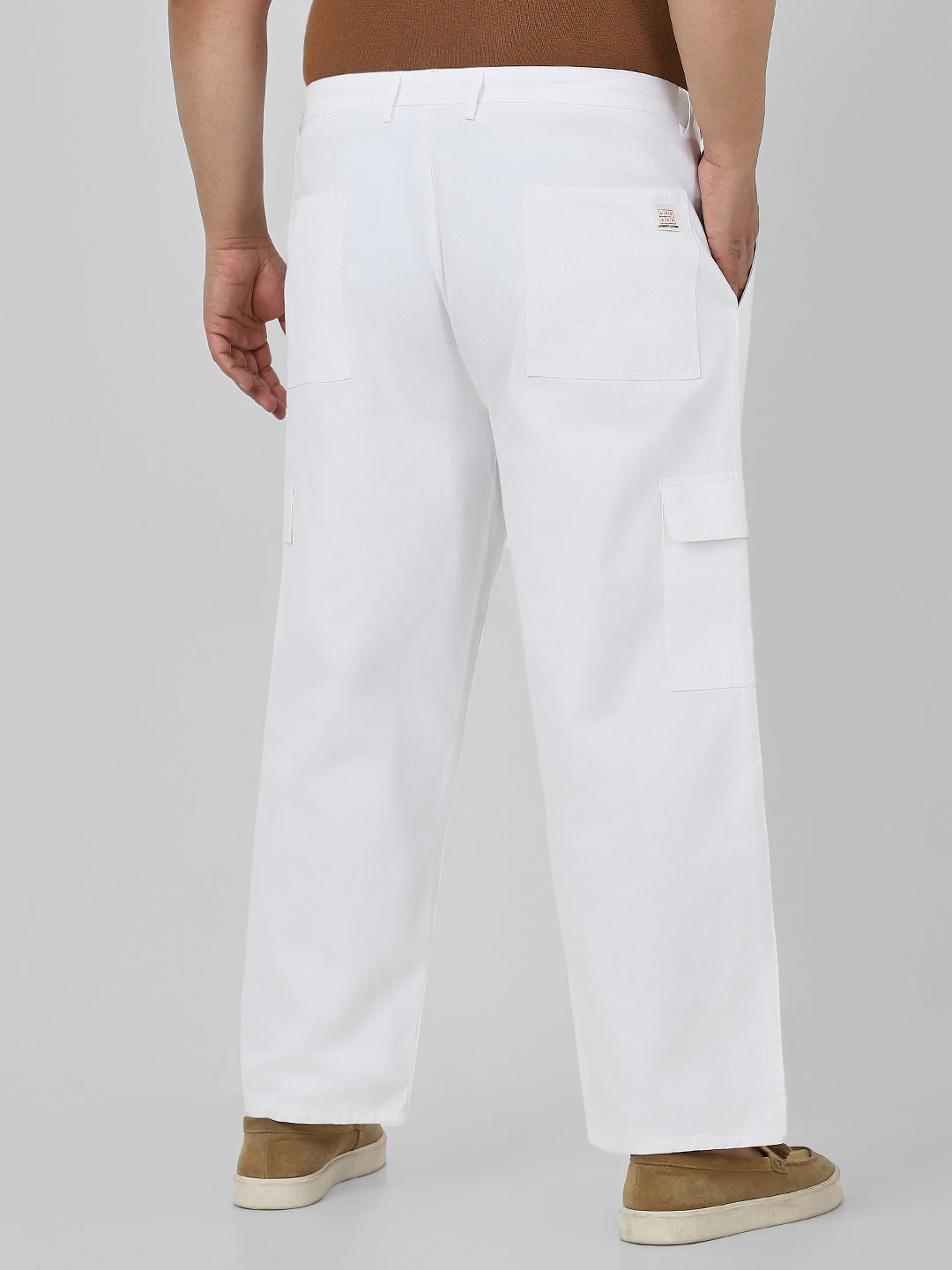 Plus Men's White Loose Baggy Fit Solid Cargo Chino Pant with 6 Pockets Non-Stretchable