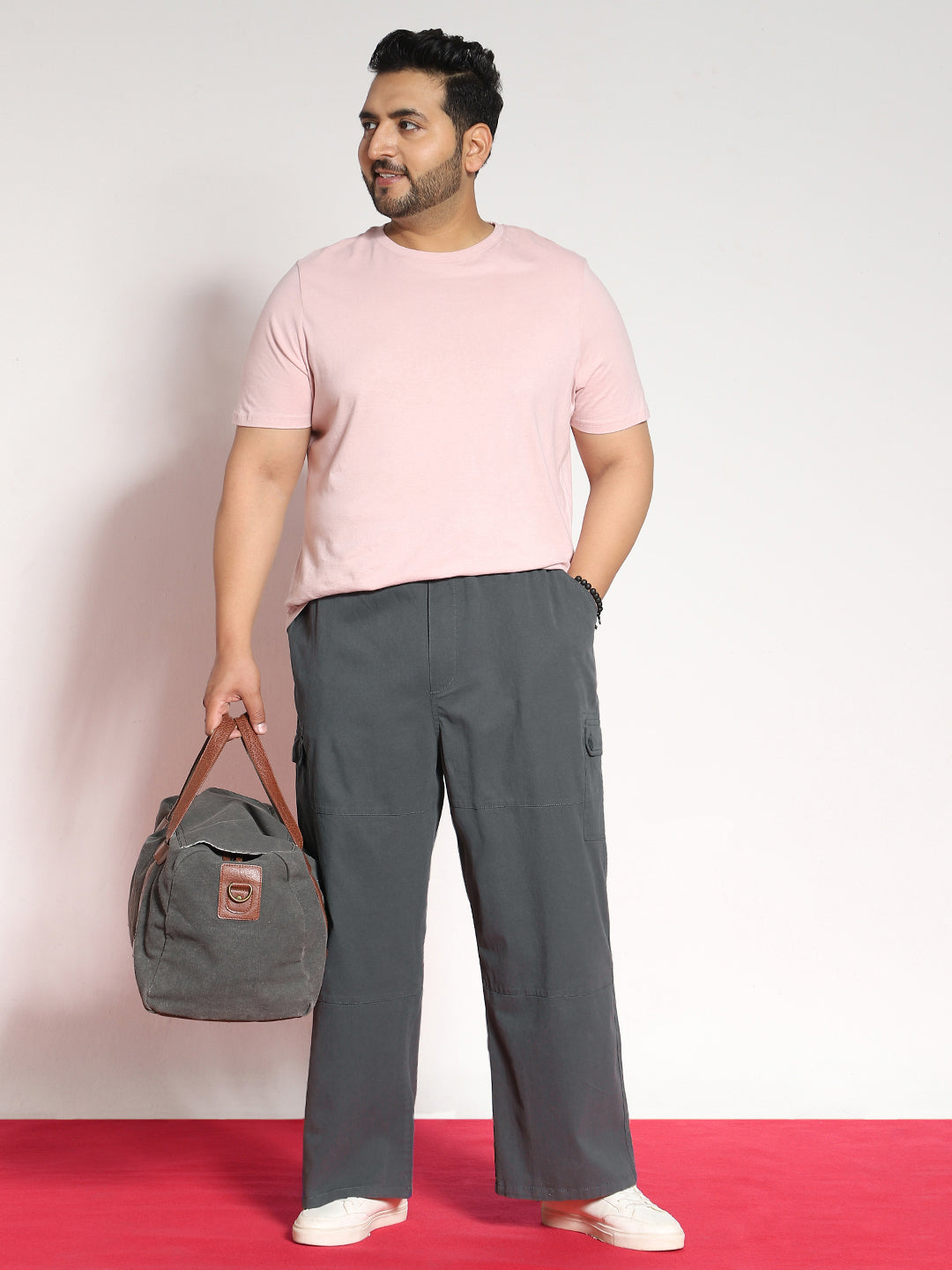 Plus Men's Steel Grey Loose Baggy Fit Cargo Jogger Chino Pant with 6 Pockets Stretchable