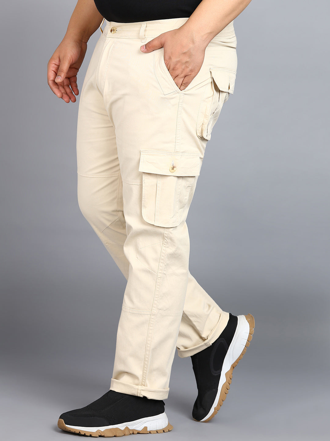 Plus Men's Cream Regular Fit Solid Cargo Chino Pant with 6 Pockets