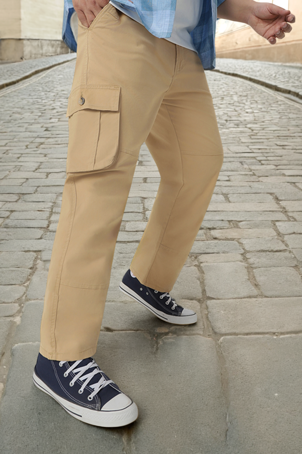 Plus Men's Beige Regular Fit Solid Cargo Chino Pant with 6 Pockets