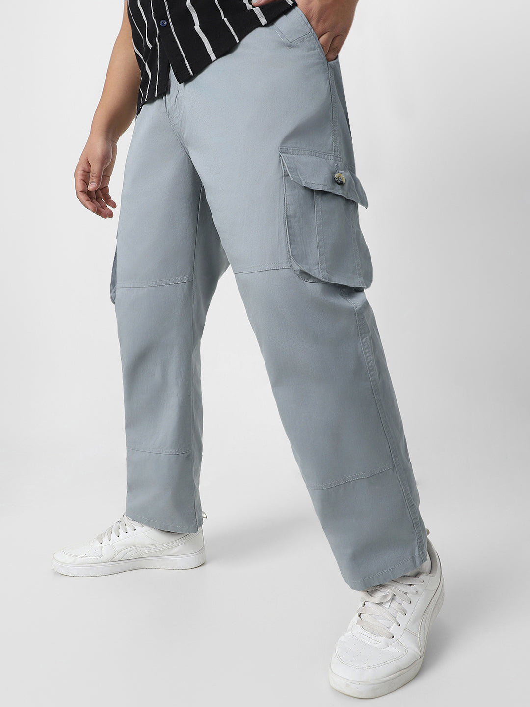 Plus Men's Light Blue Regular Fit Solid Cargo Chino Pant with 6 Pockets