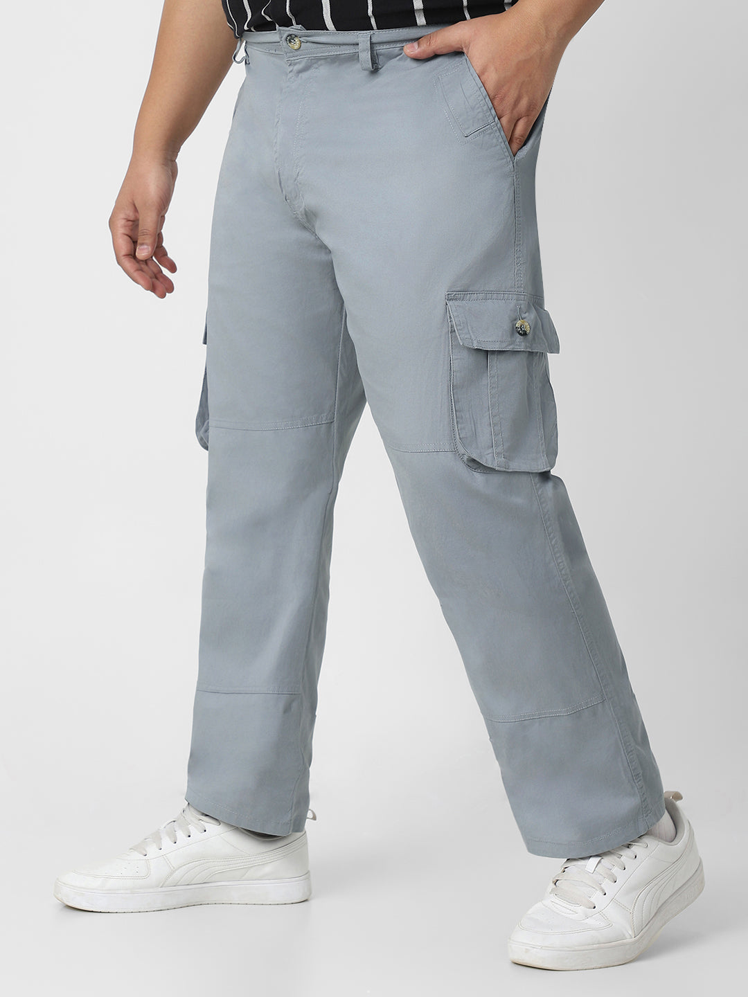 Plus Men's Light Blue Regular Fit Solid Cargo Chino Pant with 6 Pockets