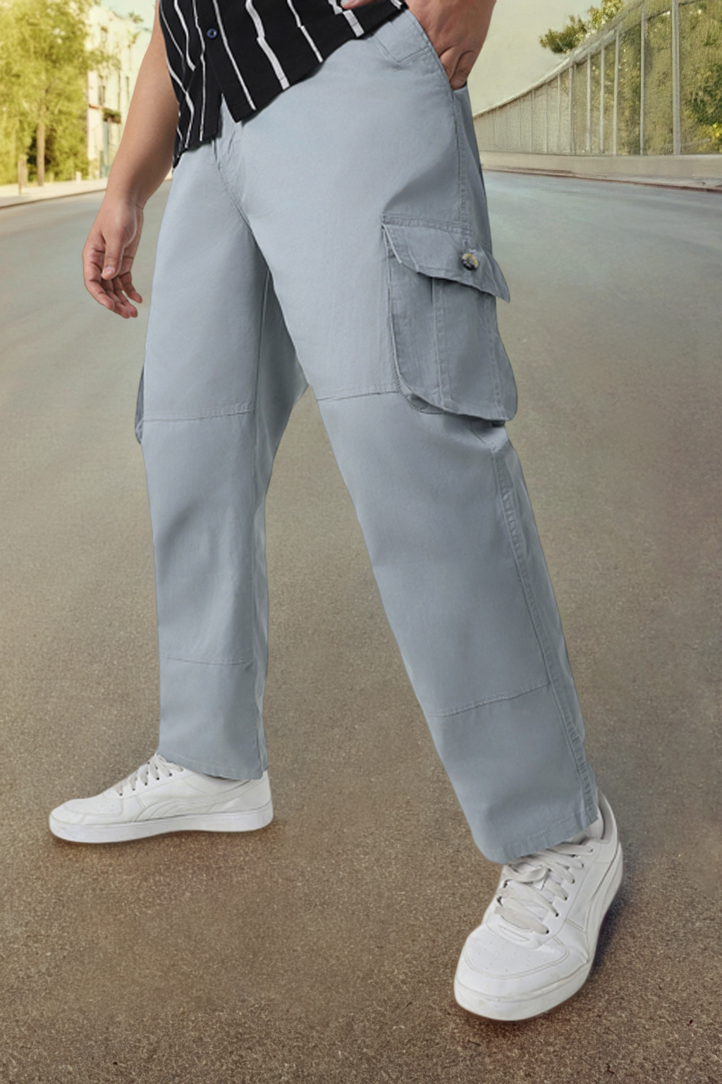 Plus Men's Light Blue Regular Fit Solid Cargo Chino Pant with 6 Pockets