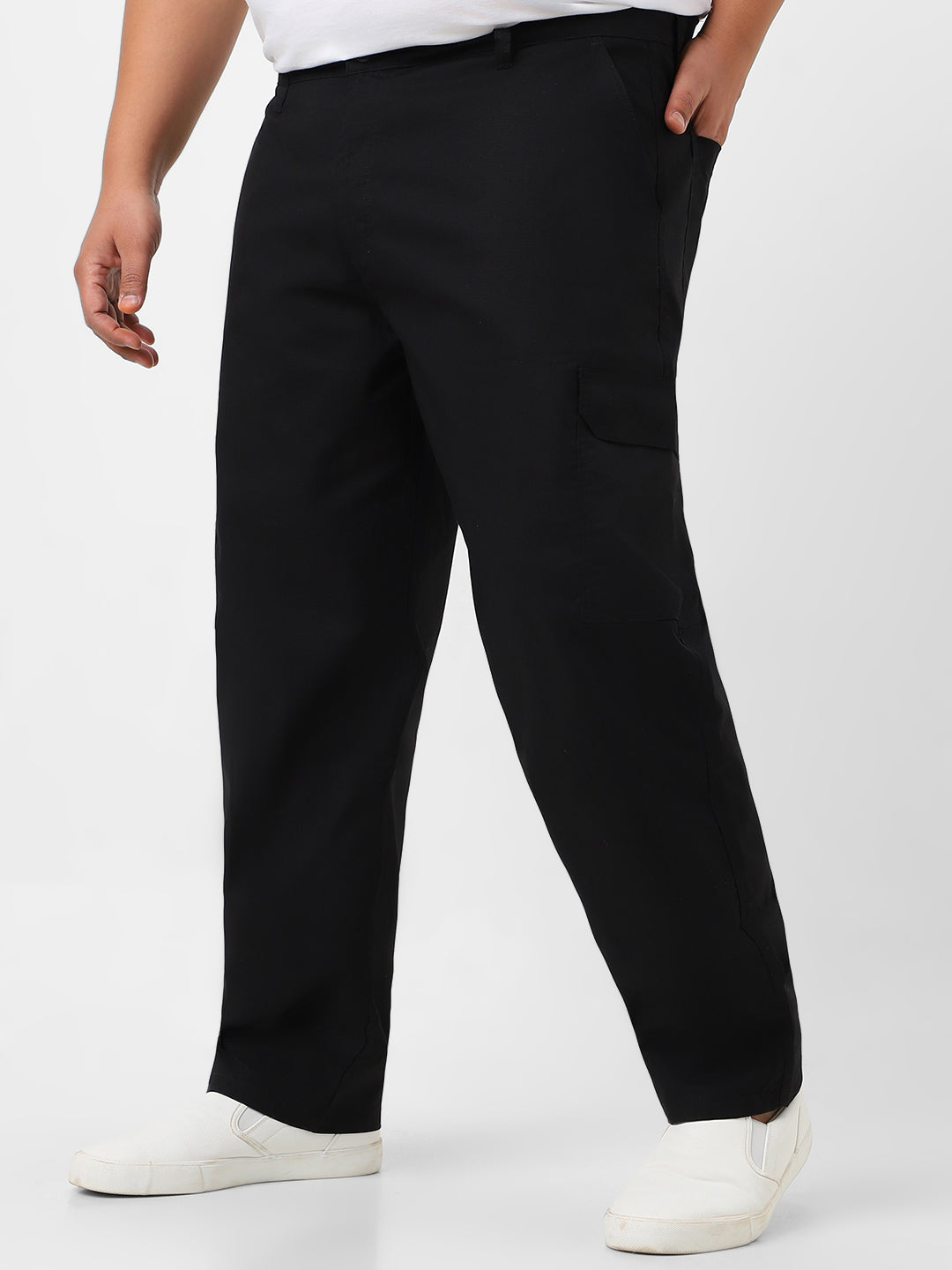 Plus Men's Black Regular Fit Solid Cargo Chino Pant with 6 Pockets