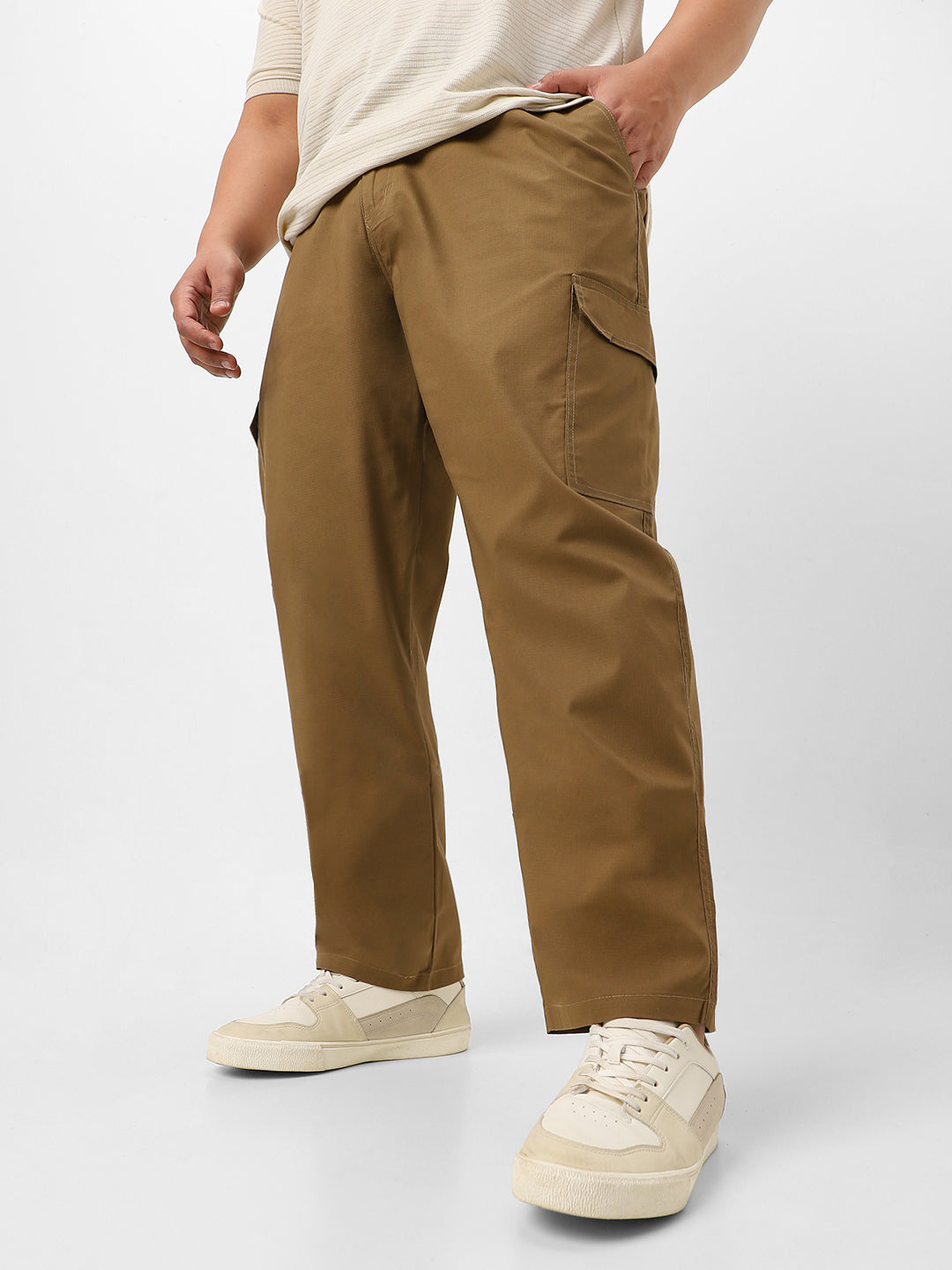 Plus Men's Khaki Regular Fit Solid Cargo Chino Pant With 6 Pockets